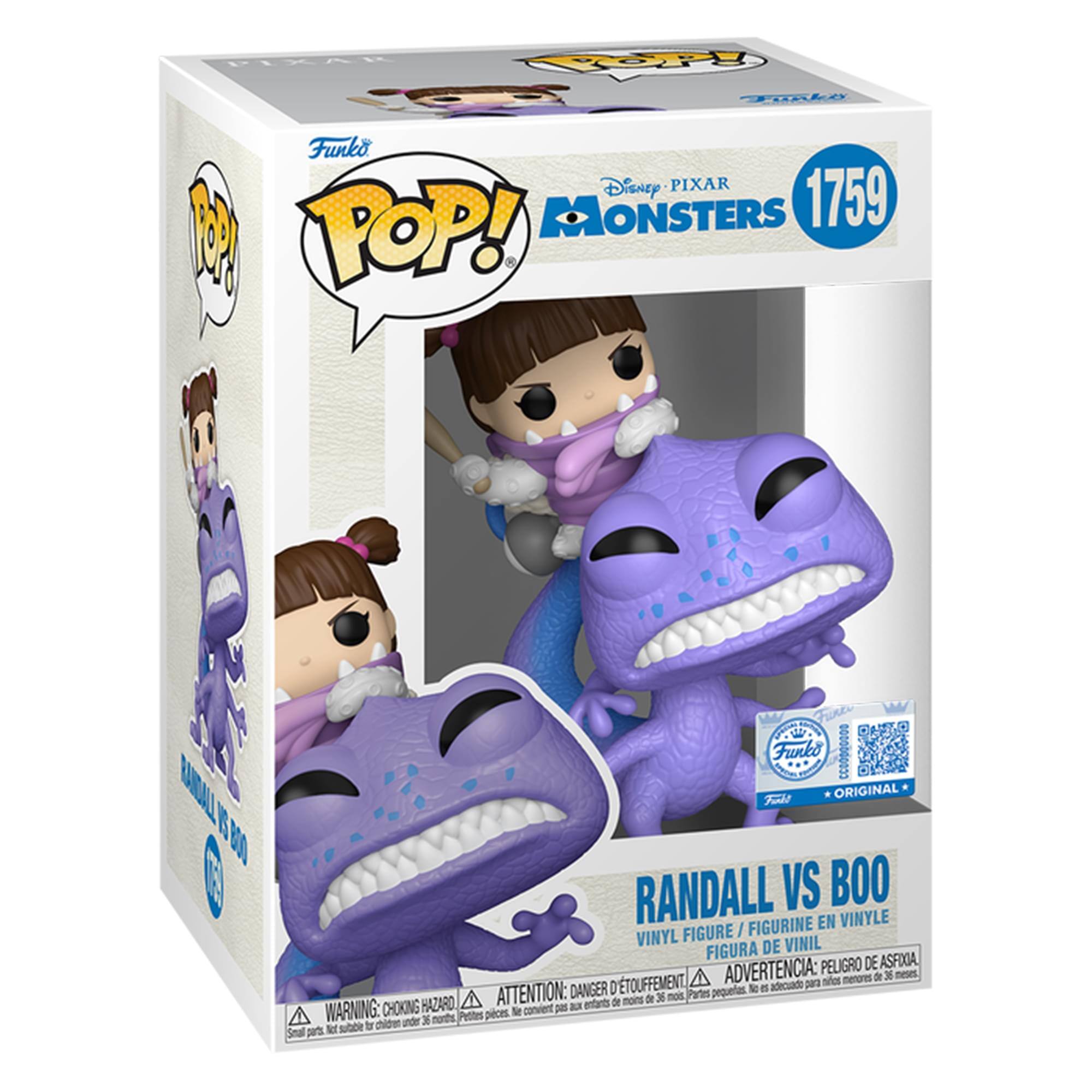 PIXAR  
POP! Funko  
Funko Disney PIXAR MONSTERS 1759 PAST POP!  
Funko Fight ORIGINAL DOCA LIOMAR RANDALL VS BOO FIGURINE EN VINYLE VINYL FIGURE / FIGURA DE VINIL  
ADVERTENCIA: PELIGRO DE ASFIXIA, de 36 meses D'TOUFFEMENT, para nikos menores DANGER pequelas. No es adecuado CHOKING HAZARD, ATTENTION: pas aux enfants de moins de 36 nos Partes WARNING: Pettes pieces. Ne convient to children under 36 nonths, parts. Not suitable
