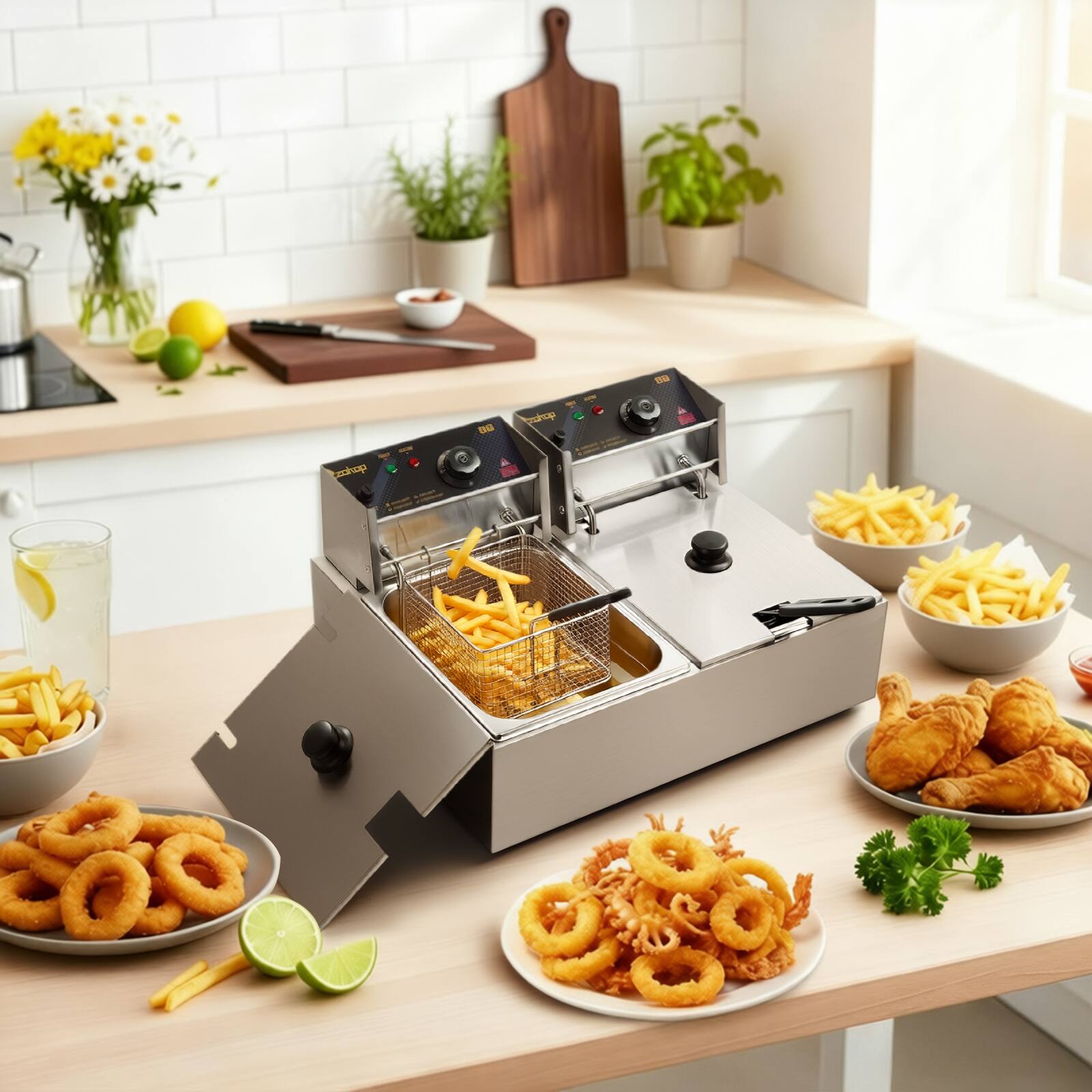 Alt View 10. Winado - 3400W 22.8QT/21.6L Electric Deep Fryer, Commercial Deep Fryer with Baskets Lids Countertop, Stainless Steel Dual Tank - Silver.