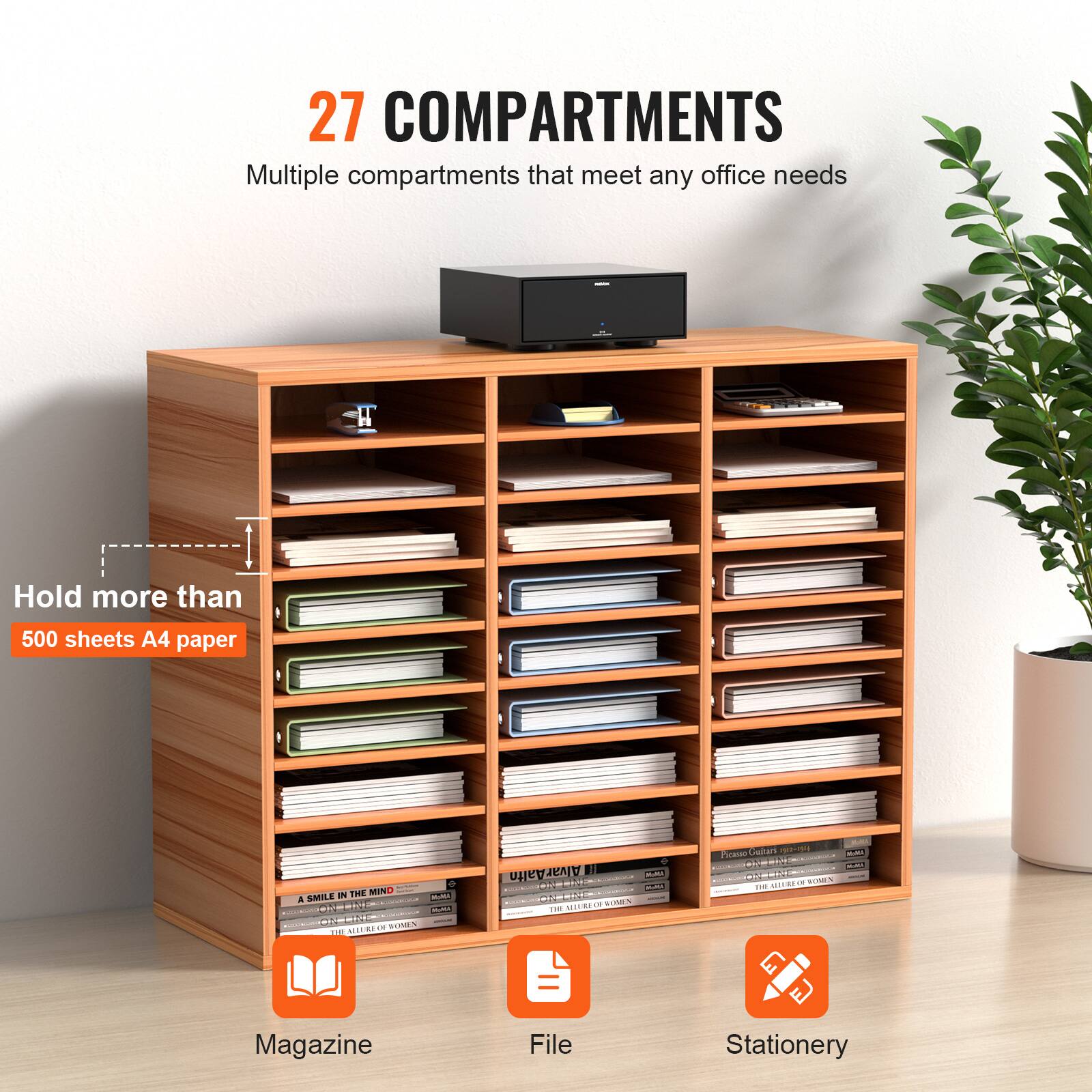 27 COMPARTMENTS  
Multiple compartments that meet any office needs  

Hold more than 500 sheets A4 paper  

Magazine  
File  
Stationery