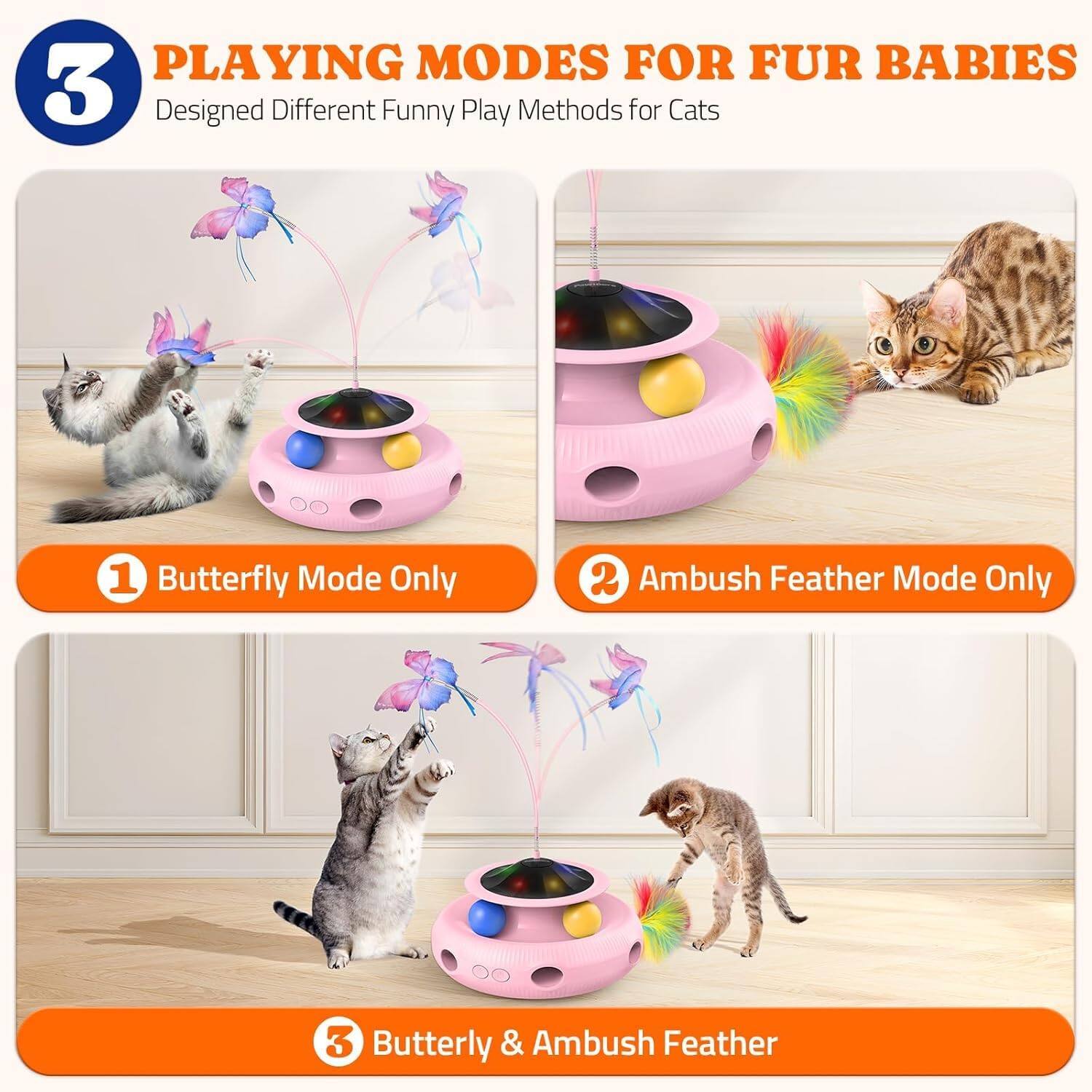 PLAYING MODES FOR FUR BABIES
Designed Different Funny Play Methods for Cats
1 Butterfly Mode Only
2 Ambush Feather Mode Only
3 Butterfly & Ambush Feather
