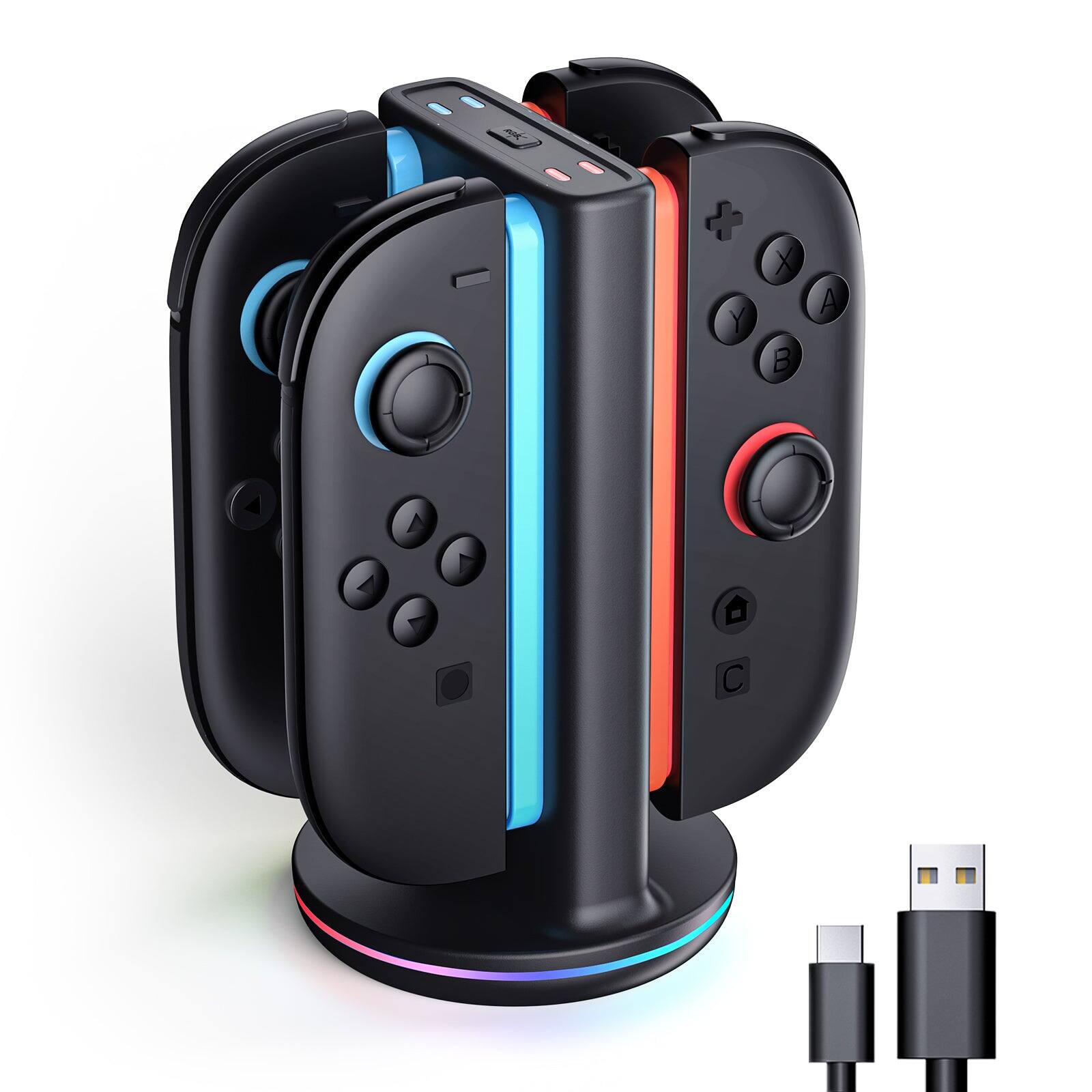 Left. SUPCASE - Charging Dock for Nintendo Switch 2 Joy-Con – Black | Dual-Slot, RGB Lighting, USB-C Power - Black.