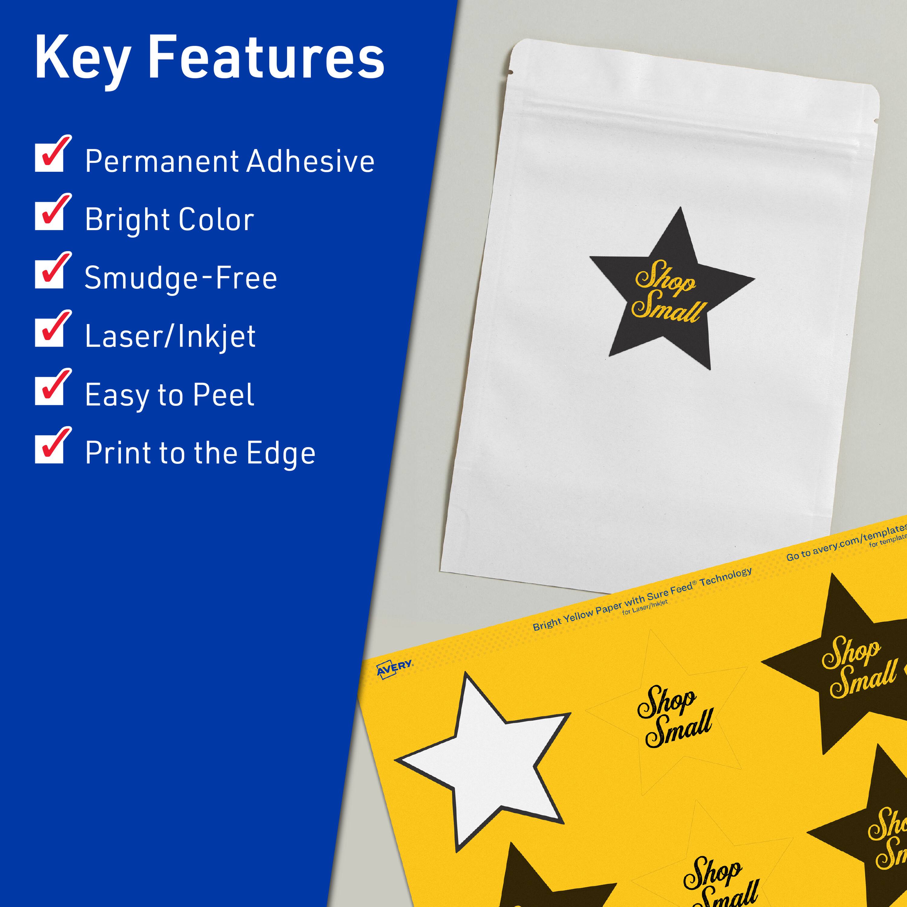 Key Features  
- Permanent Adhesive  
- Bright Color  
- Smudge-Free  
- Laser/Inkjet  
- Easy to Peel  
- Print to the Edge  

Shop Small  

AVERY  
avery.com/templates  

Bright Yellow Paper with Sure Feed™ Technology for Laser/Inkjet  

Shop Small