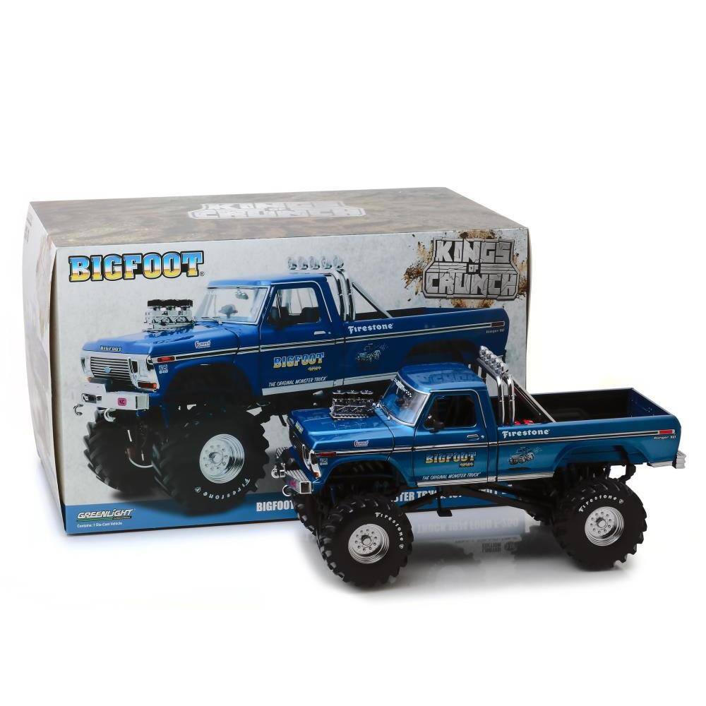 Sure, here is the corrected and grouped text from the image:

**Front of the Box:**
- BIGFOOT
- KING OF CRUNCH
- Firestone
- BIGFOOT
- THE ORIGINAL MONSTER TRUCK
- Firestone
- GREENLIGHT
- Custom 1:18 Scale Model

**Side of the Box:**
- BIGFOOT
- THE ORIGINAL MONSTER TRUCK
- Firestone
- GREENLIGHT
- Custom 1:18 Scale Model

**Truck:**
- BIGFOOT
- THE ORIGINAL MONSTER TRUCK
- Firestone
- Firestone
- BIGFOOT