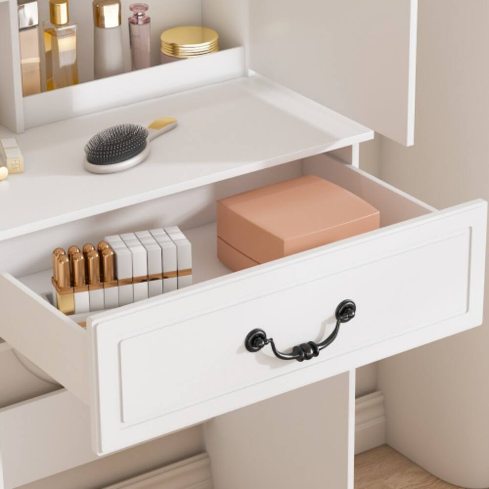 Left. LUCKY ONE - Modern Mini Dressing Table w/ LED Mirror Hidden Storage & Padded Stool - White.