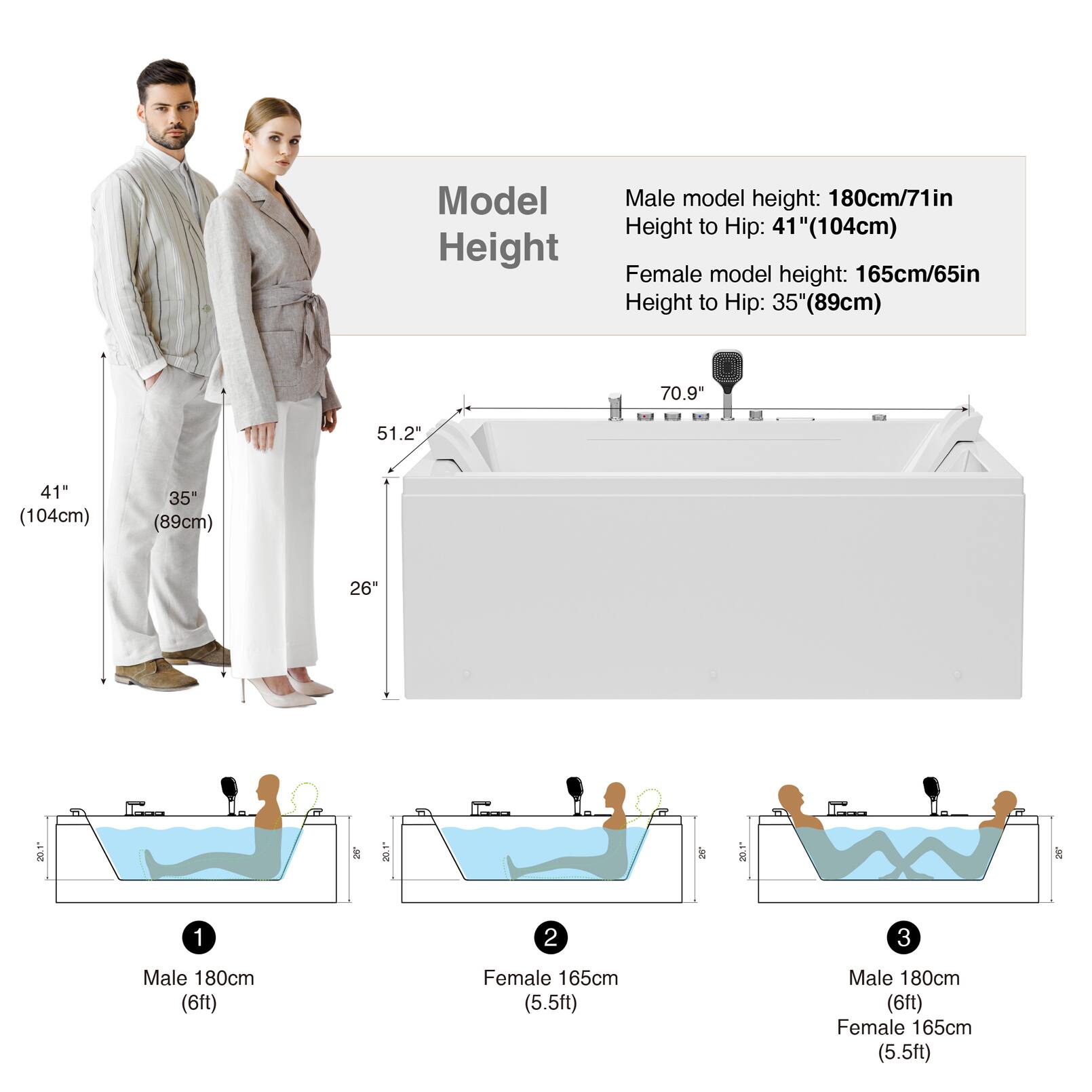 Model Height

Male model height: 180cm/71in  
Height to Hip: 41" (104cm)

Female model height: 165cm/65in  
Height to Hip: 35" (89cm)

1. Male 180cm (6ft)  
2. Female 165cm (5.5ft)  
3. Male 180cm (6ft)  
4. Female 165cm (5.5ft)