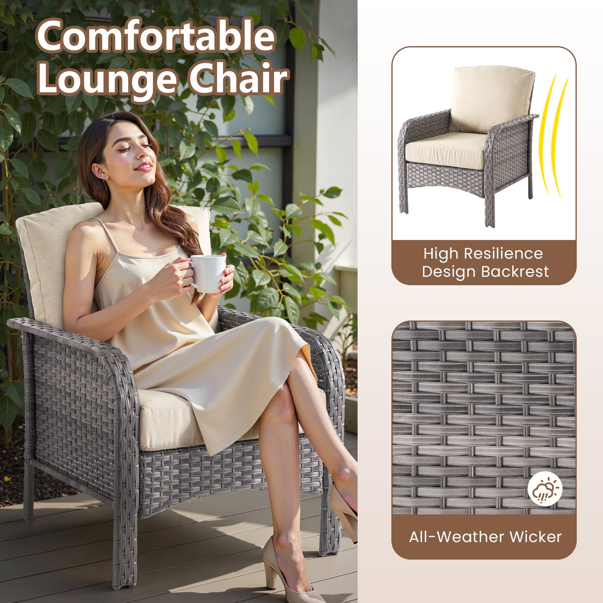 Comfortable Lounge Chair

High Resilience Design Backrest

All-Weather Wicker