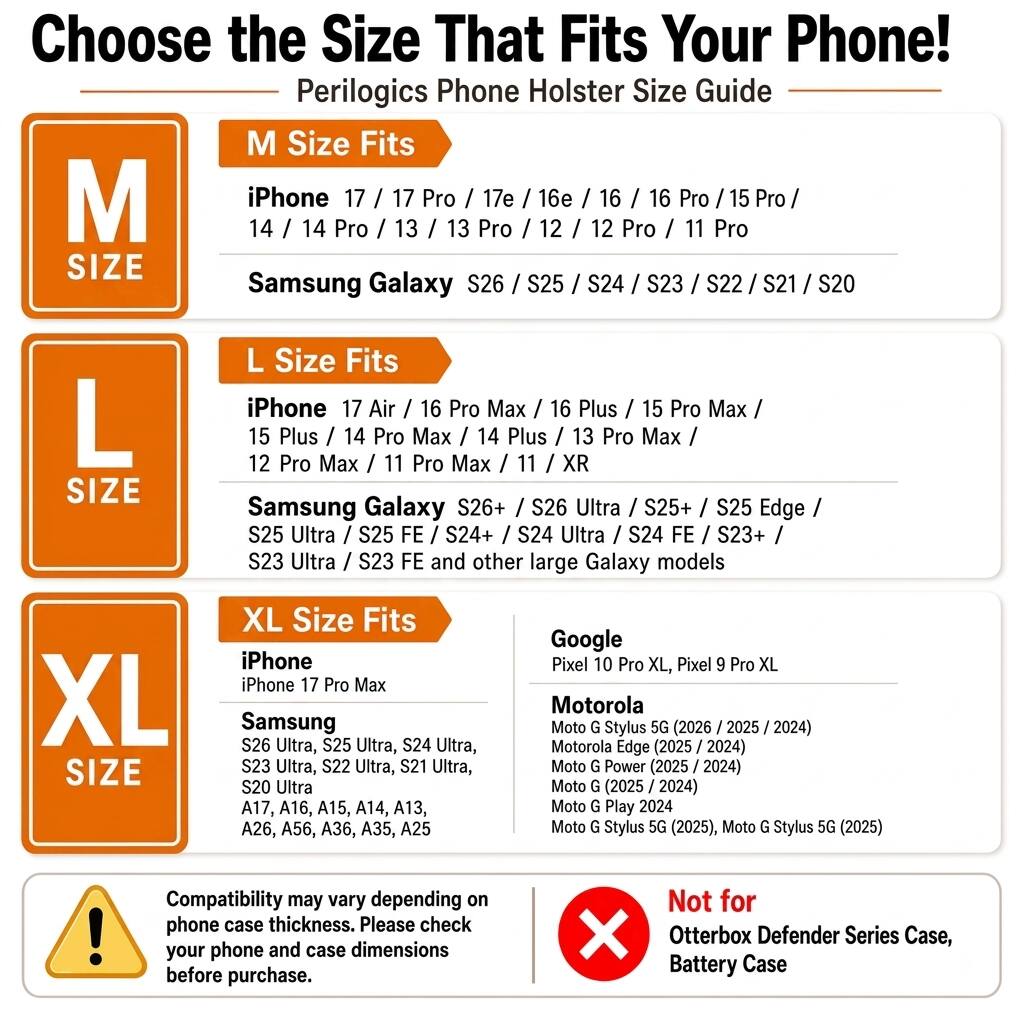 Choose the Size That Fits Your Phone!  
Perilogics Phone Holster Size Guide  

**M Size Fits**  
- iPhone 17 / 17 Pro / 17e / 16e / 16 / 16 Pro / 15 Pro / 14 / 14 Pro / 13 / 13 Pro / 12 / 12 Pro / 11 Pro  
- Samsung Galaxy S26 / S25 / S24 / S23 / S22 / S21 / S20  

**L Size Fits**  
- iPhone 17 Air / 16 Pro Max / 16 Plus / 15 Pro Max / 15 Plus / 14 Pro Max / 14 Plus / 13 Pro Max / 12 Pro Max / 11 Pro Max / 11 / XR  
- Samsung Galaxy S26+ / S26 Ultra / S25+ / S25 Edge / S25 Ultra / S25 FE / S24+ / S24 Ultra / S24 FE / S23+ / S23 Ultra / S23 FE and other