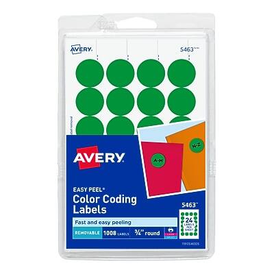 AVERY  
5463  
EASY PEEL Color Coding Labels  
Fast and easy peeling  
REMOVABLE  
1008 LABELS  
3/4" round  
A-M N-Z  
5463  
24 LABELS  
nP0546305