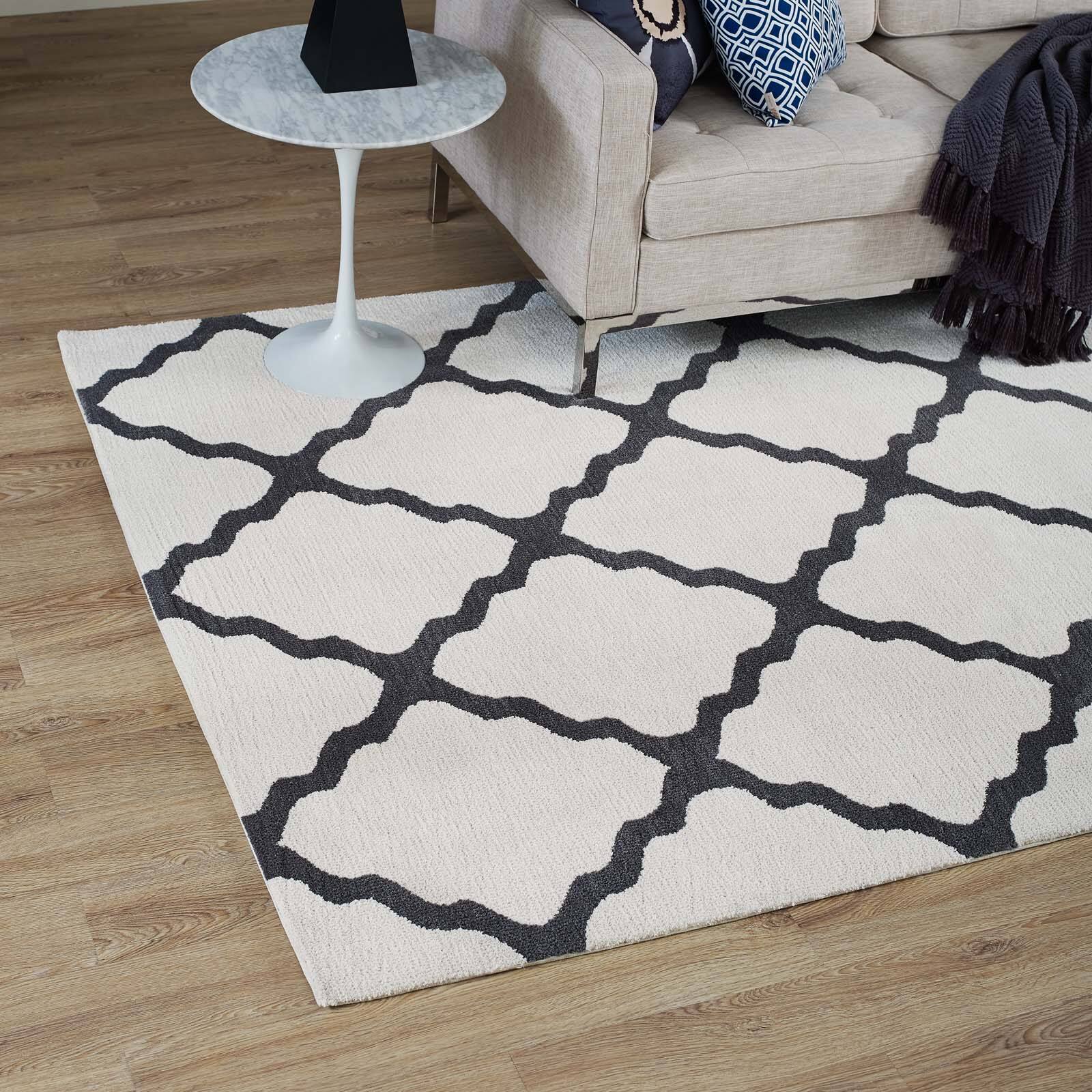 Left. Modway - Marja Moroccan Trellis Area Rug - Ivory and Charcoal.