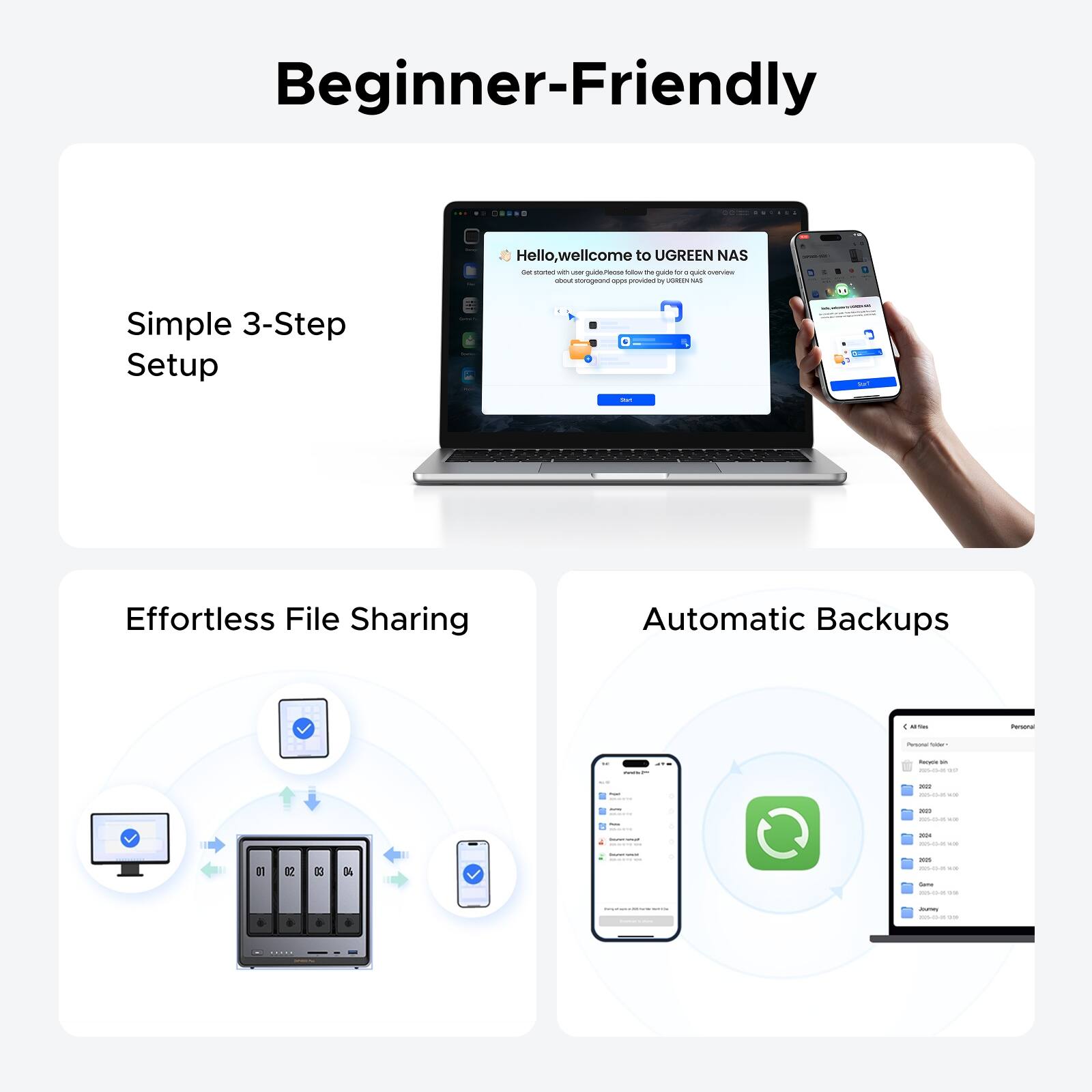 Beginner-Friendly

Hello, welcome to UGREEN NAS

Simple 3-Step Setup

Effortless File Sharing

Automatic Backups
