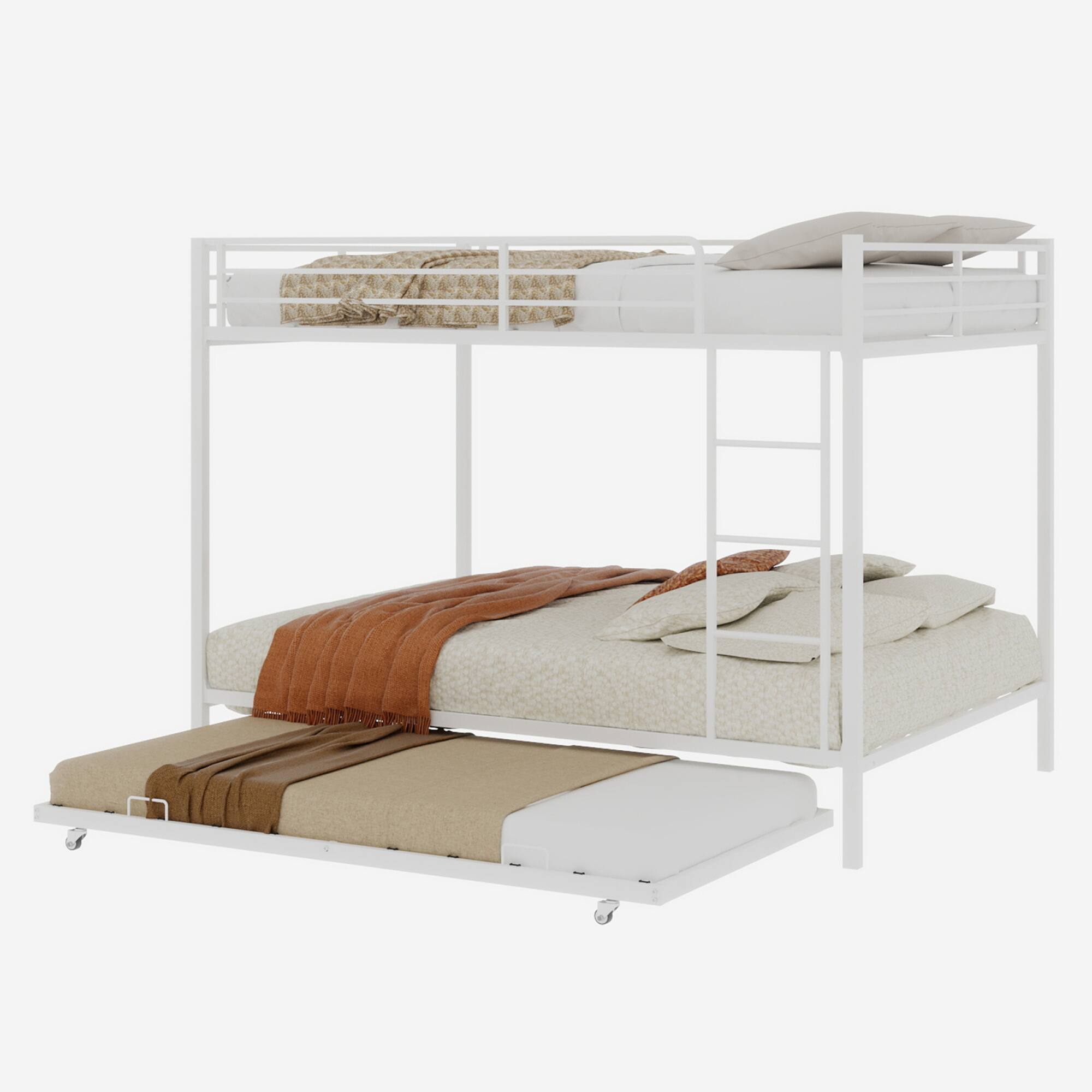 Alt View 4. GOODSILO - Durable Square Tube Iron Bunk Bed with Safety Rails and Trundle, Modern Minimalist Design - White.