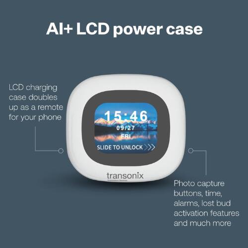 AI+ LCD power case

LCD charging case doubles up as a remote for your phone

15:46 09/27 FRI

SLIDE TO UNLOCK

transonix

Photo capture buttons, time, alarms, lost bud activation features and much more