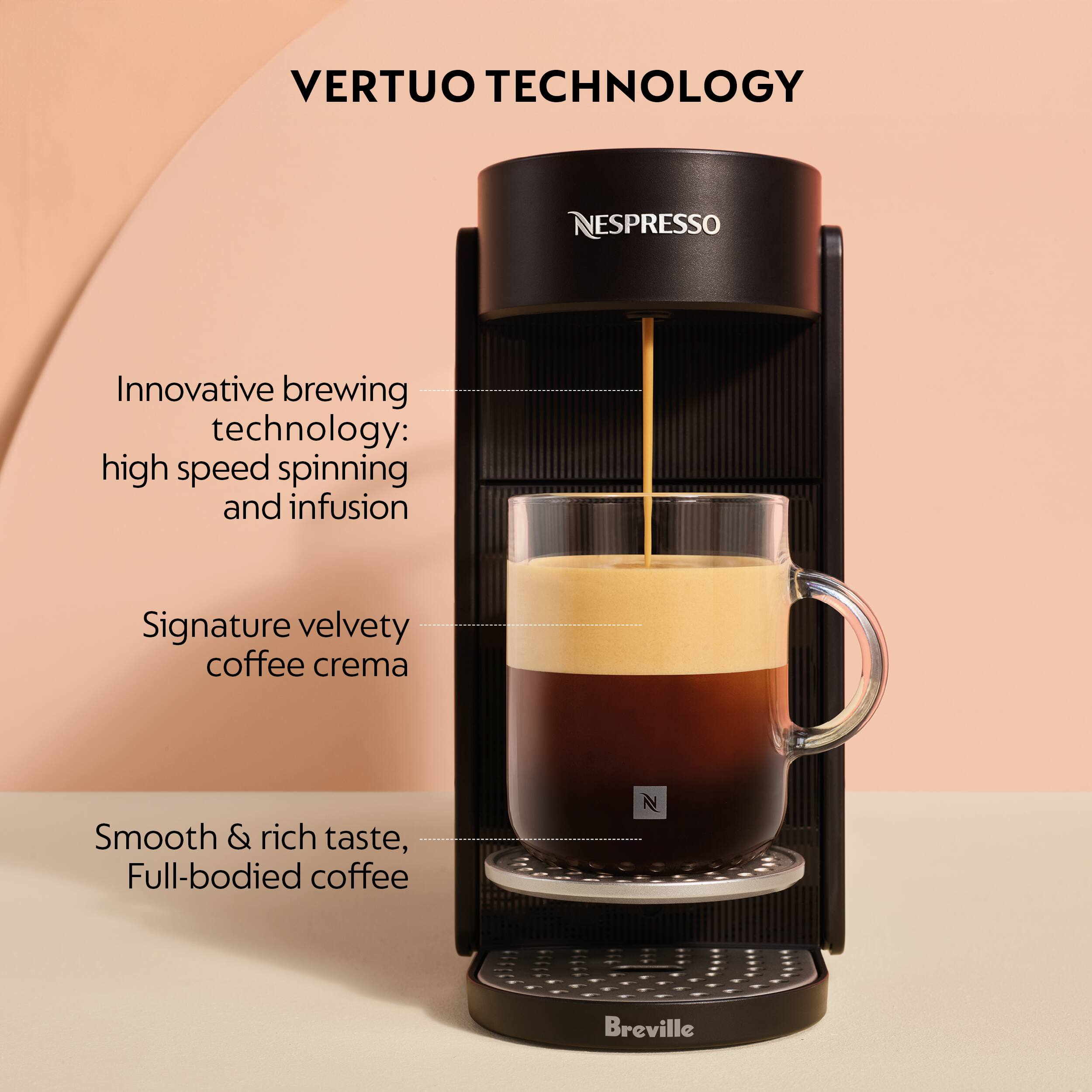 VERTUO TECHNOLOGY  
NESPRESSO  

Innovative brewing technology: high speed spinning and infusion  
Signature velvety coffee crema  
Smooth & rich taste, Full-bodied coffee  

Breville