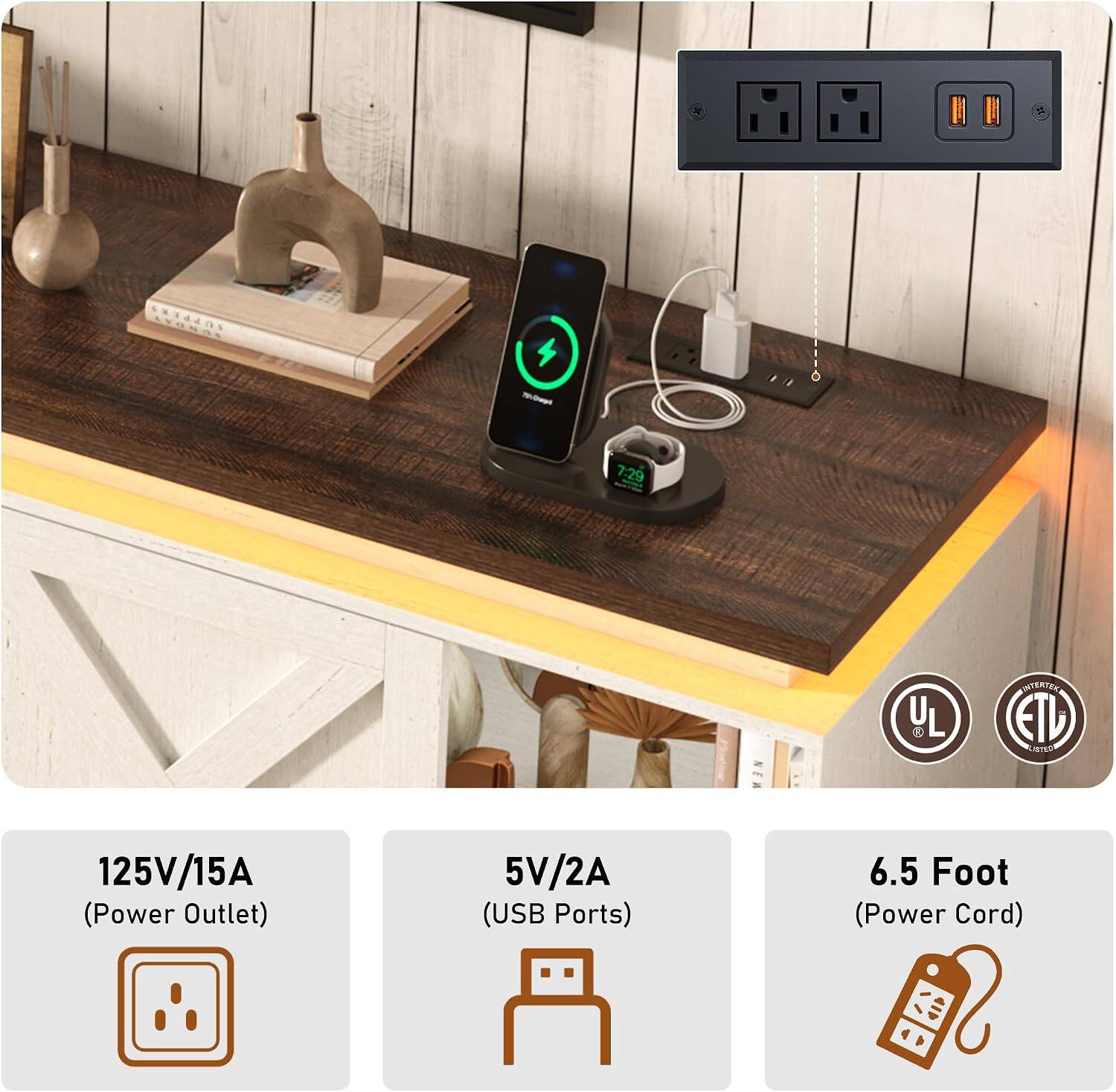 - 7:29
- UL CRO
- INTERTEK ETL LISTED
- 125V/15A (Power Outlet)
- 5V/2A (USB Ports)
- 6.5 Foot (Power Cord)