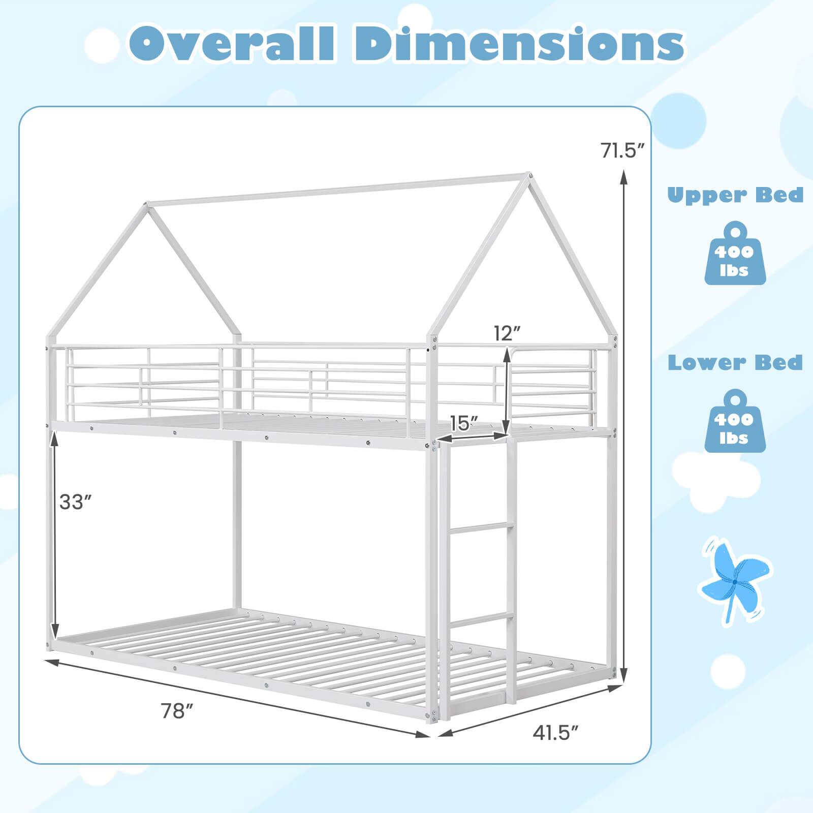 Overall Dimensions  
71.5"  
Upper Bed  
400 lbs  
12"  
Lower Bed  
15"  
400 lbs  
33"  
78"  
41.5"