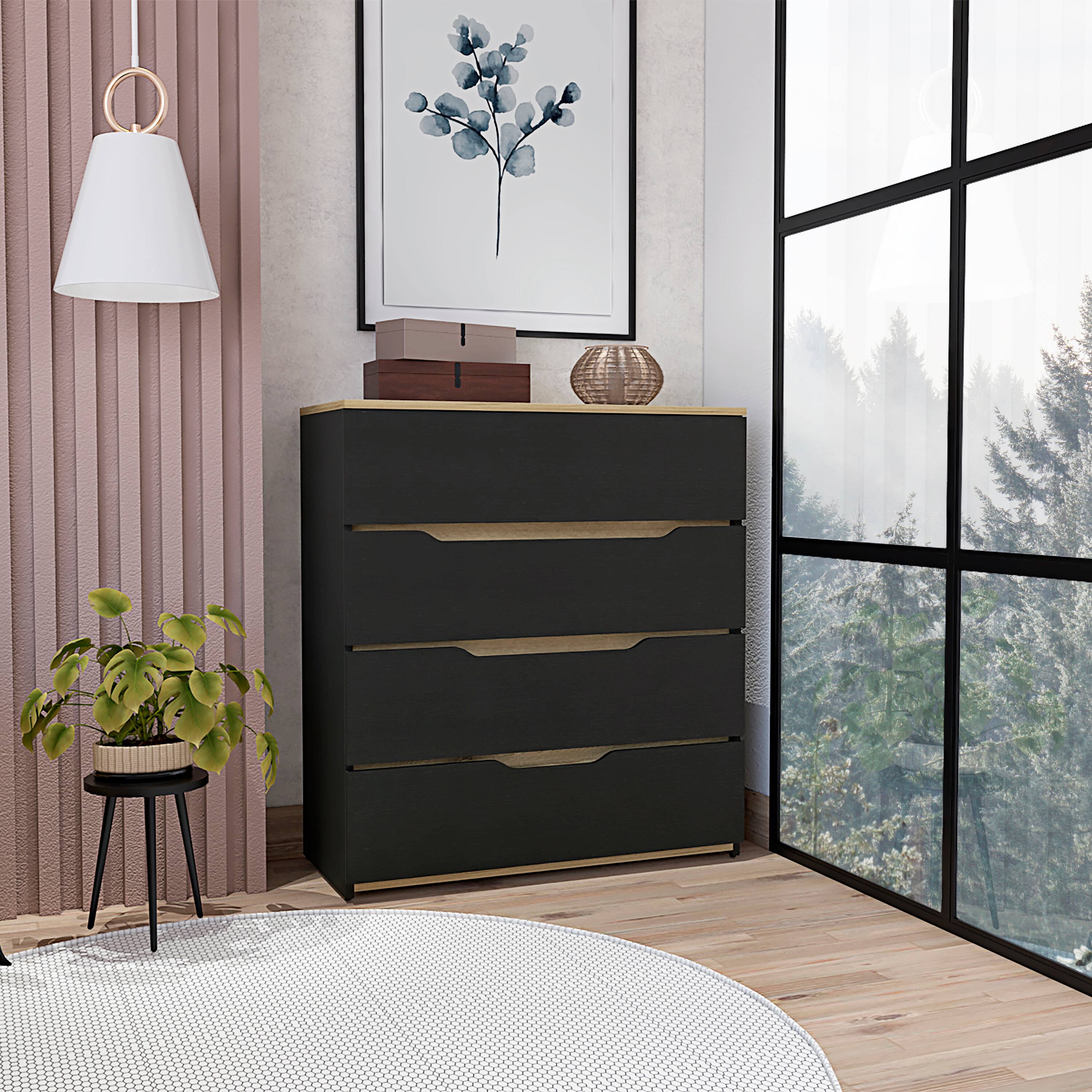 Angle. TuHome - Zoe Dresser, Superior Top, Four Drawers - Black / Light Oak.