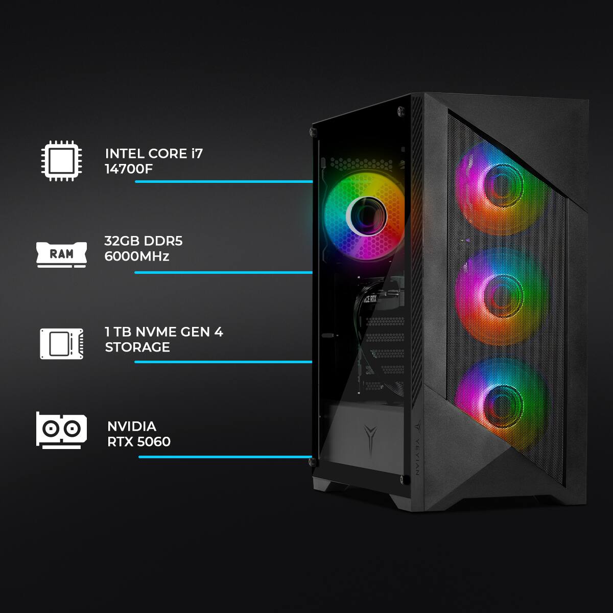 INTEL CORE i7 14700F  
RAM 32GB DDR5 6000MHz  
1 TB NVME GEN 4 STORAGE  
NVIDIA RTX 5060  
YEYIAN