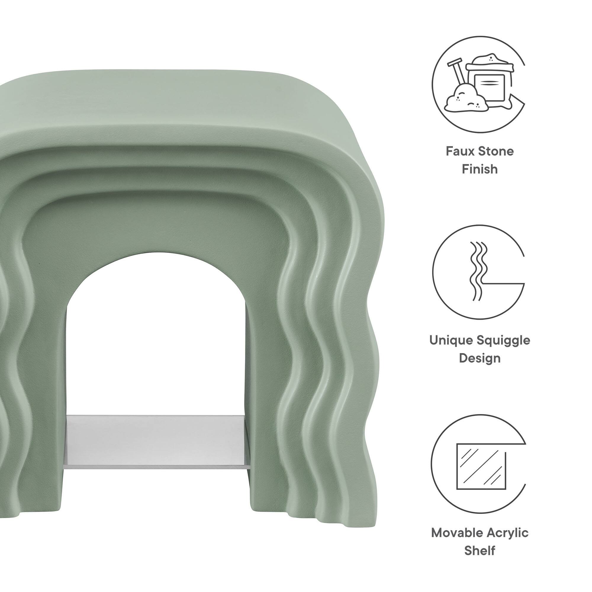 Faux Stone Finish  
Unique Squiggle Design  
Movable Acrylic Shelf
