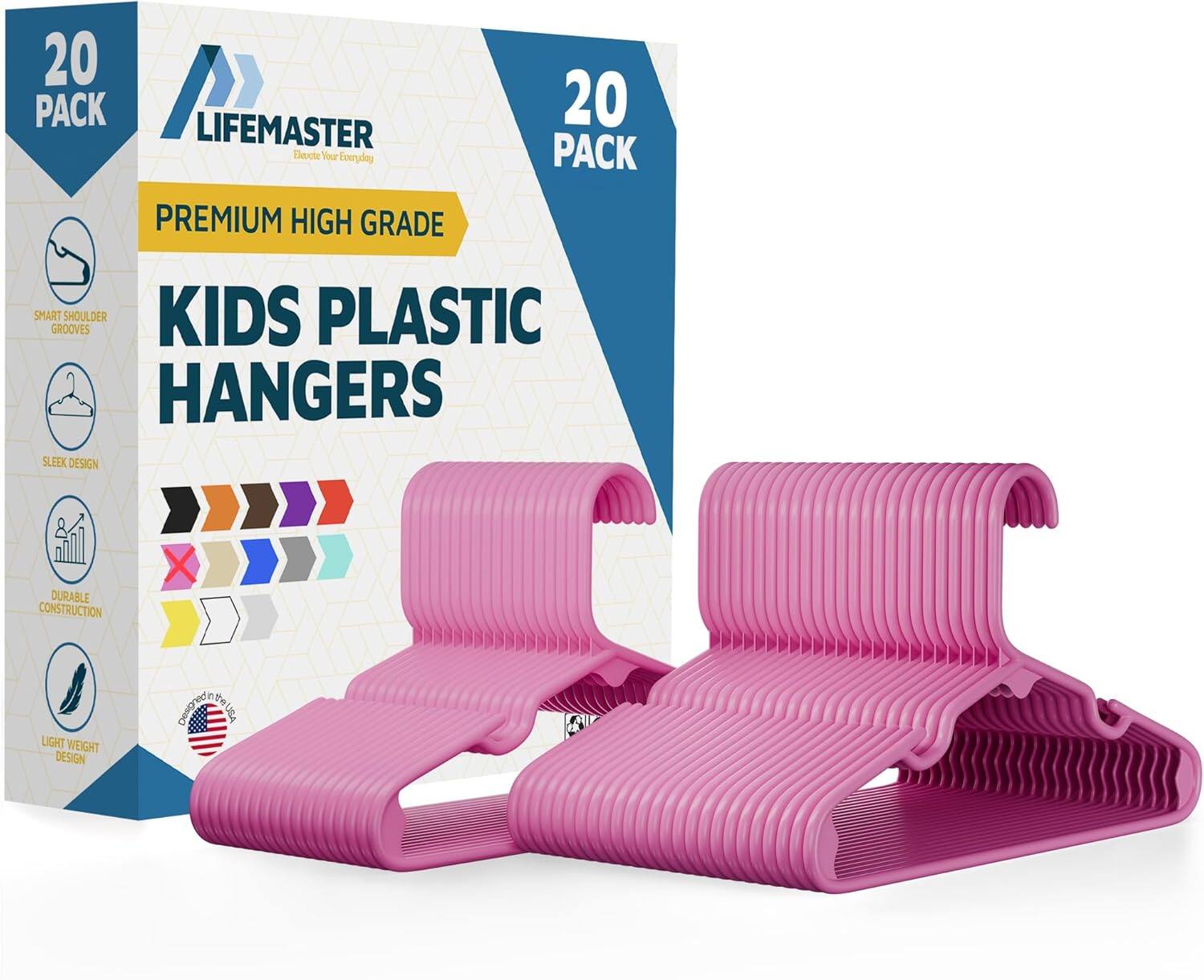 Lifemaster - Kids Clothes Hangers – 20-Pack, 11.6" Plastic Hangers with Shoulder Notch, Space-Saving, Holds 5 lbs - Pink