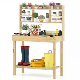 Costway - Potting Bench Table Wooden Garden Work Bench Platform with Display Rack Hidden Sink - Natural