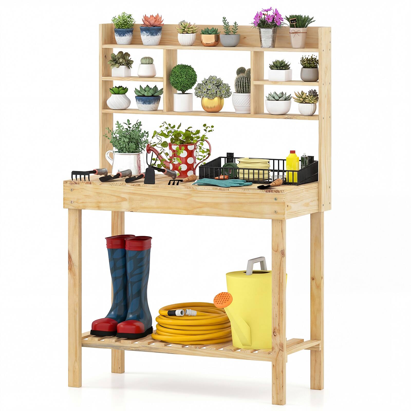 Costway - Potting Bench Table Wooden Garden Work Bench Platform with Display Rack Hidden Sink - Natural