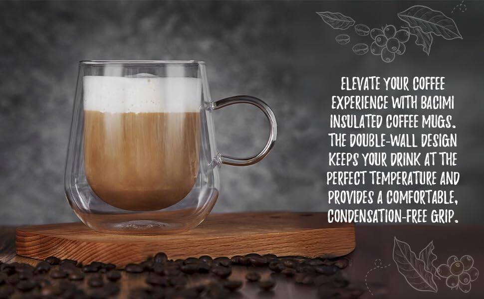 Elevate your coffee experience with Bacimi insulated coffee mugs. The double-wall design keeps your drink at the perfect temperature and provides a comfortable, condensation-free grip.