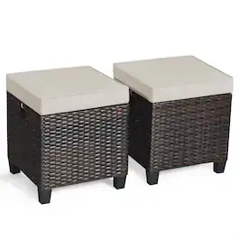 Costway - 2PCS Patio Rattan Ottoman Cushioned Seat Foot Rest Coffee Table - Brown