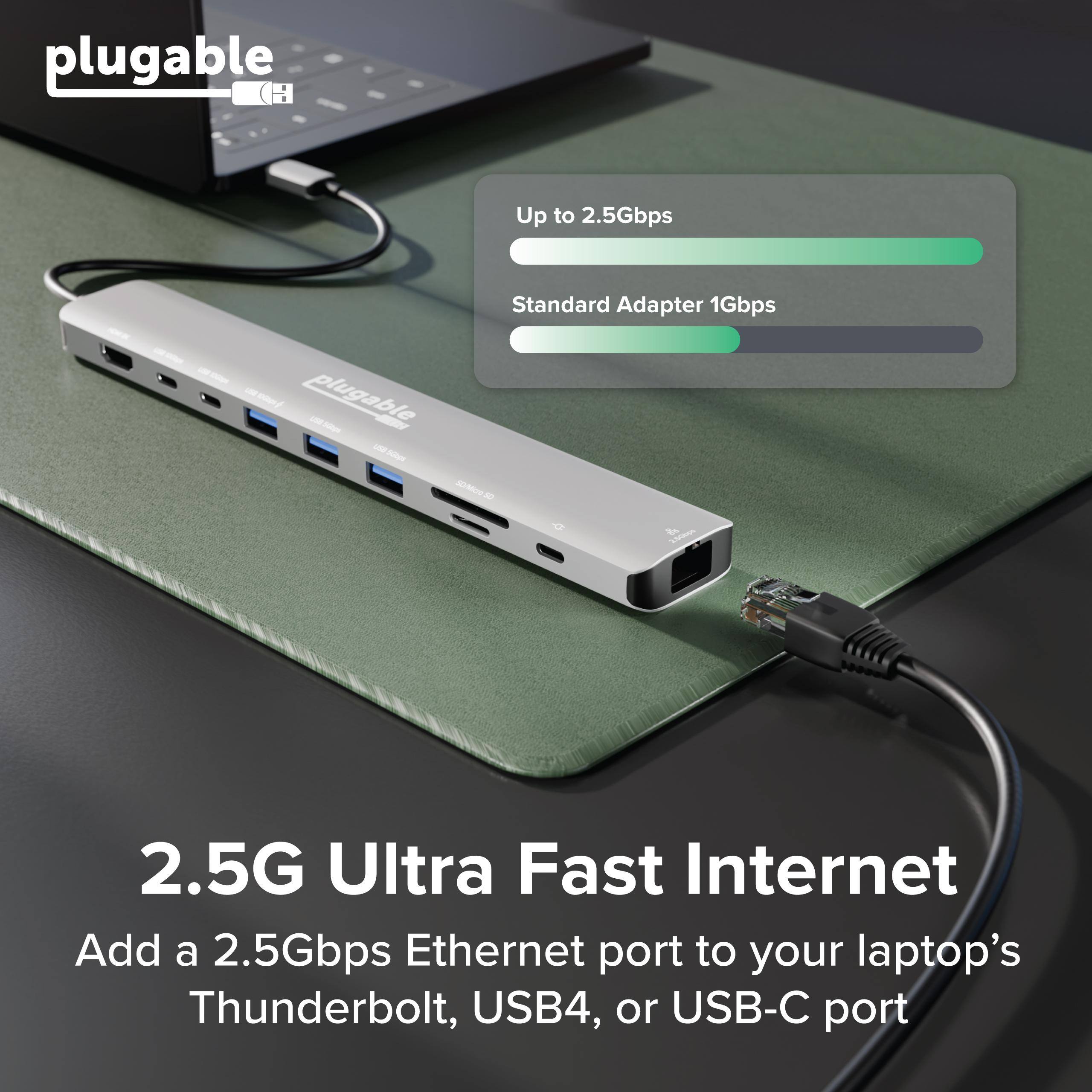 plugable  
Up to 2.5Gbps  
Standard Adapter 1Gbps  

2.5G Ultra Fast Internet  
Add a 2.5Gbps Ethernet port to your laptop's Thunderbolt, USB4, or USB-C port