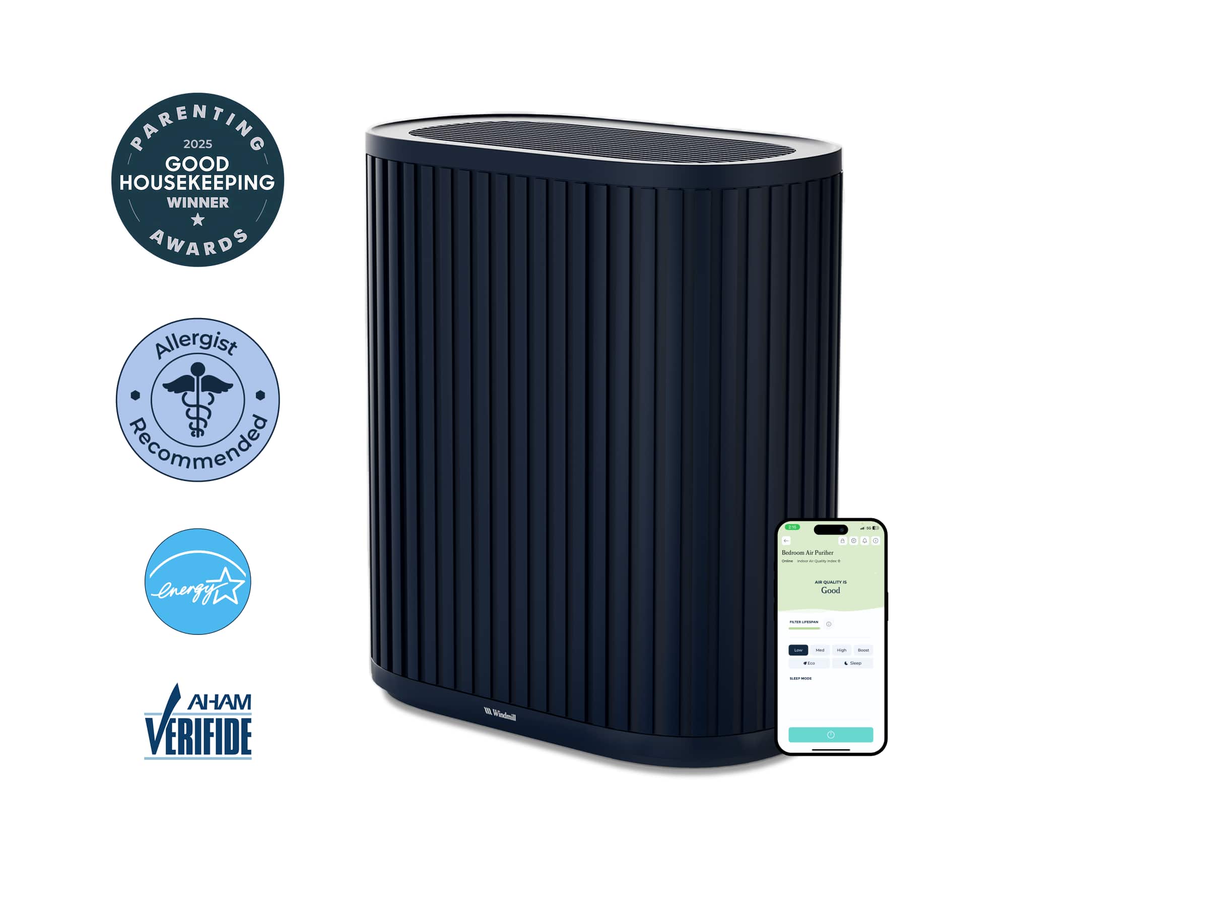 PARENTING 2025 GOOD HOUSEKEEPING WINNER AWARDS  
Allergist Recommended  
Energy Star  
AHAM VERIFIED  

Bedroom  
Air Quality: Good  
Temperature: 72°F  
Humidity: 45%  
PM 2.5: 5 µg/m³  
CO₂: 800 ppm