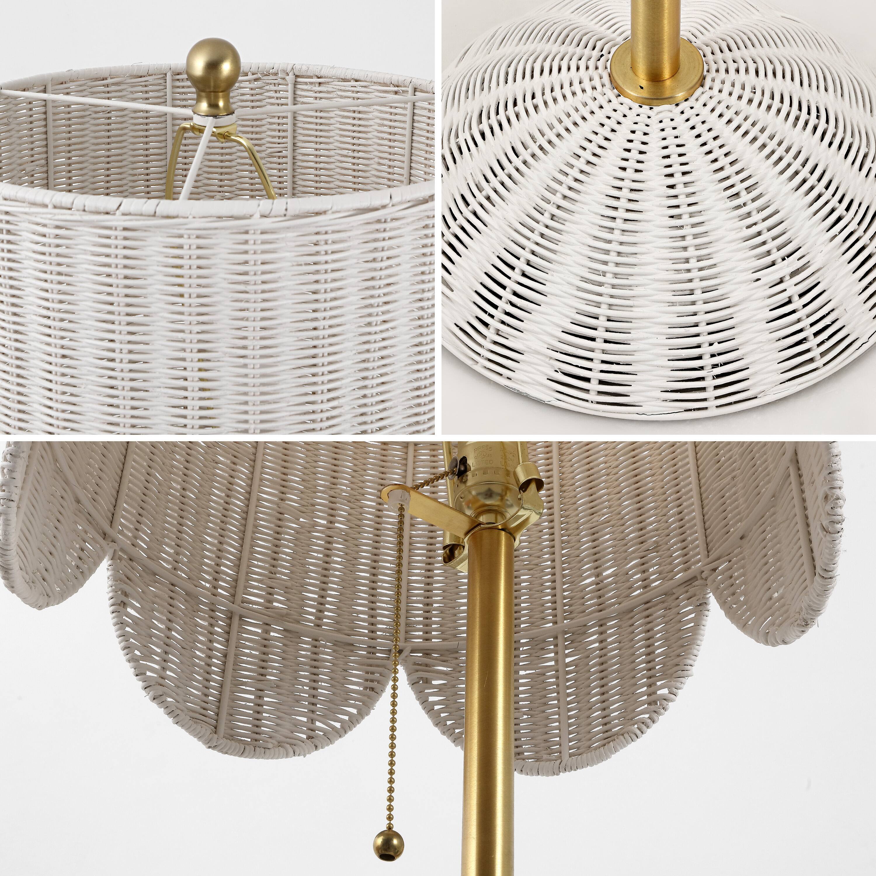 Alt View 4. Jonathan Y - Joel 63.5" Coastal Bohemian Scallop Shade Rattan/Metal LED Floor Lamp with Pull Chain, White/Brass Gold - White/Brass Gold.