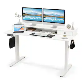 Costway - 55"x 24" Electric Standing Desk with 2 Drawers Monitor Stand Storage Shelf - White