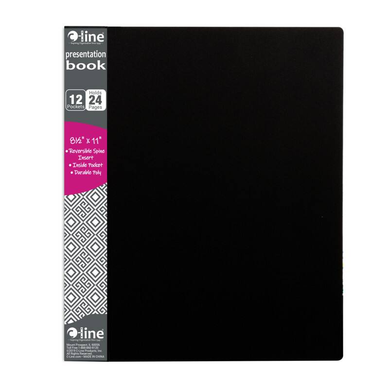 line presentation book  
Holds 12 Pockets, 24 Pages  
8½" x 11"  
- Reversible Spine Insert  
- Inside Pocket  
- Durable Poly  

Asum Peospeat 4 0056 Tal Foe 4I09ia r - me Products N A agT Aesera D1 i - MADE IN CHINA