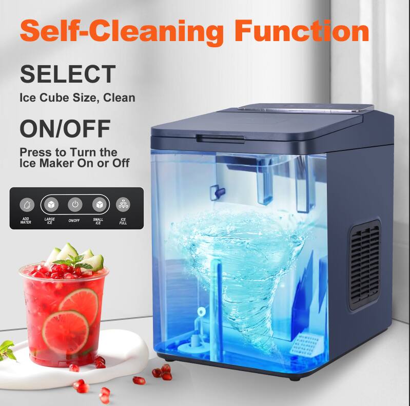 Self-Cleaning Function

SELECT  
Ice Cube Size, Clean

ON/OFF  
Press to Turn the Ice Maker On or Off

ADD WATER  
LARGE ICE  
SMALL ICE  
CLEAN  
ICE FULL