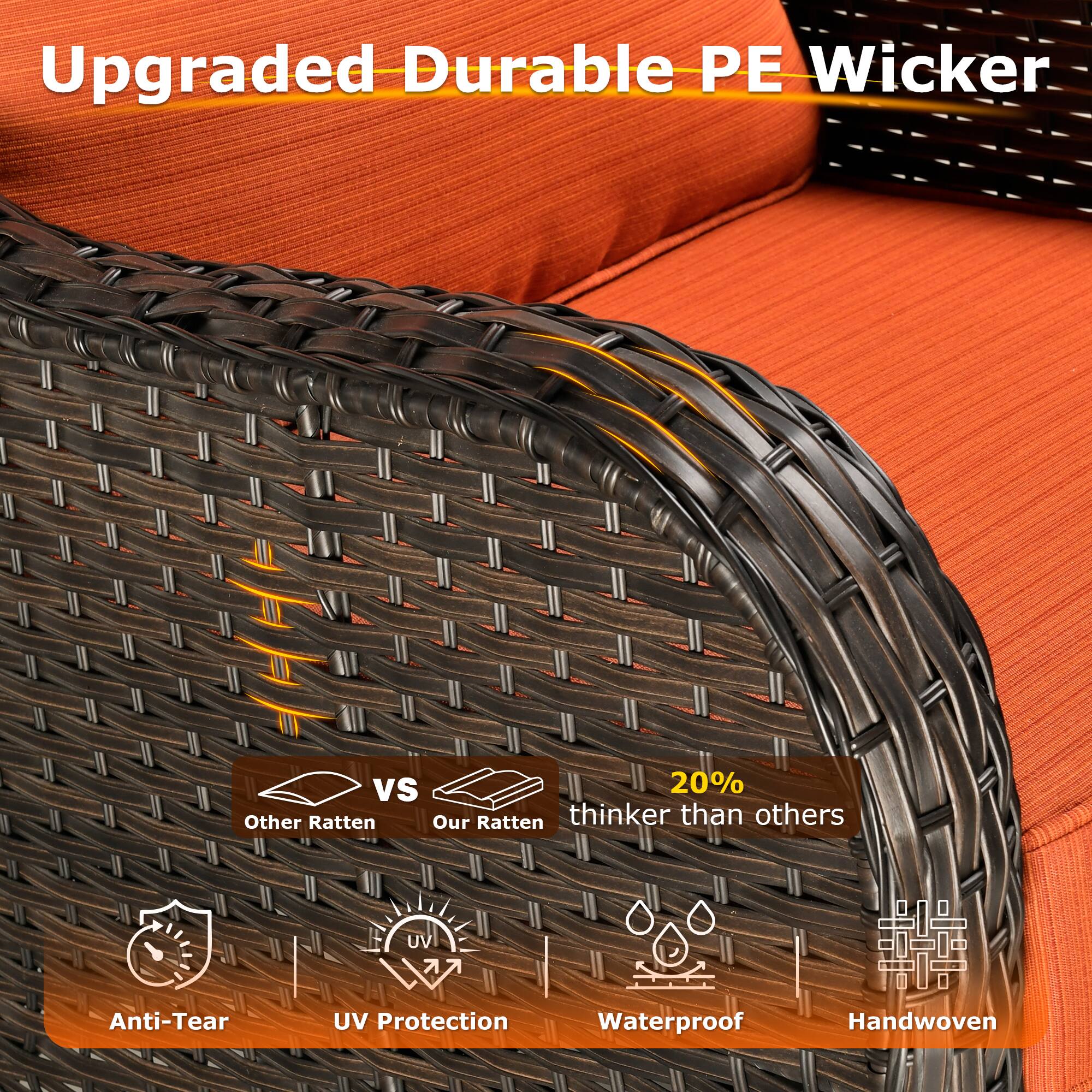 Upgraded Durable PE Wicker

Other Ratten vs Our Ratten

20% thicker than others

Anti-Tear
UV Protection
Waterproof
Handwoven