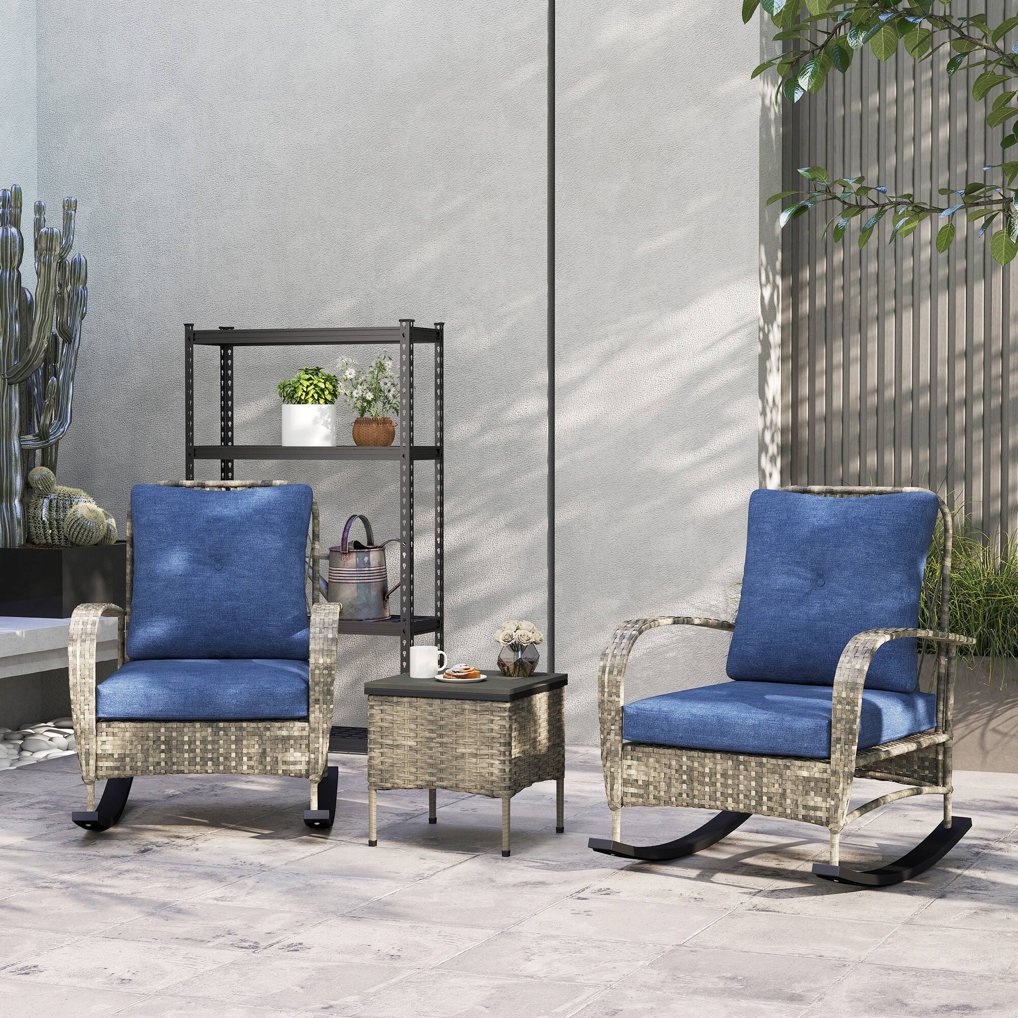 Alt View 1. Outsunny - Piece Wicker Patio Furniture Set, Outdoor PE Rattan Rocking Chairs with Coffee Table - Gray.