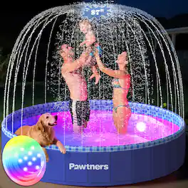 Pawtners - 87” Foldable Dog Pool with Sprinkler & RGB LED Light, Collapsible Hard Plastic Pet Splash & Wading Pool for All Dog Size - Blue