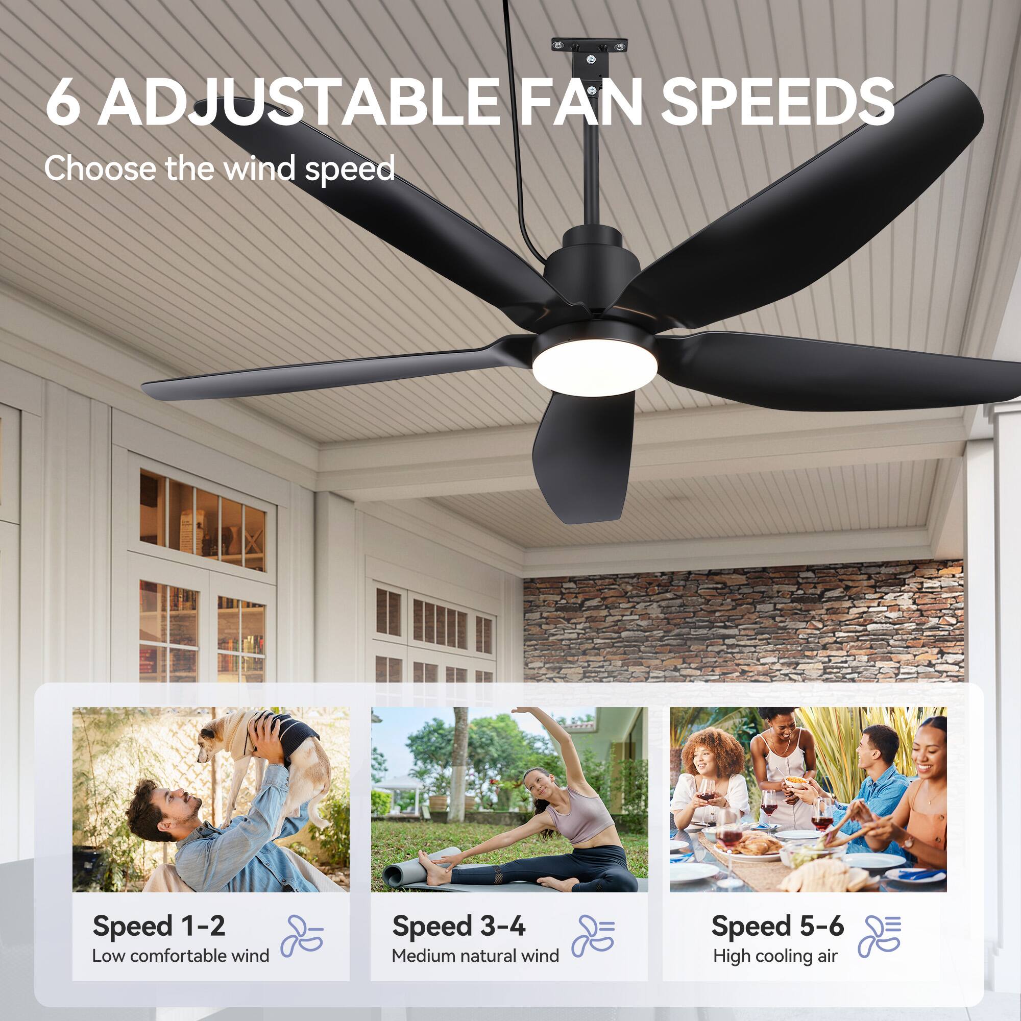 6 Adjustable Fan Speeds  
Choose the wind speed  

Speed 1-2  
Low comfortable wind  

Speed 3-4  
Medium natural wind  

Speed 5-6  
High cooling air