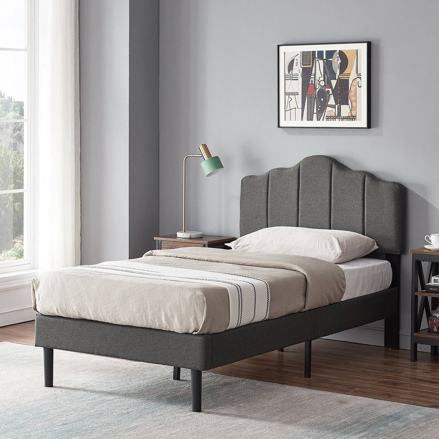 Front. Vecelo - Twin Bed Frame with Adjustable Upholstered Headboard, Wood Slats, Noise-Free Design & No Box Spring Needed - Grey.