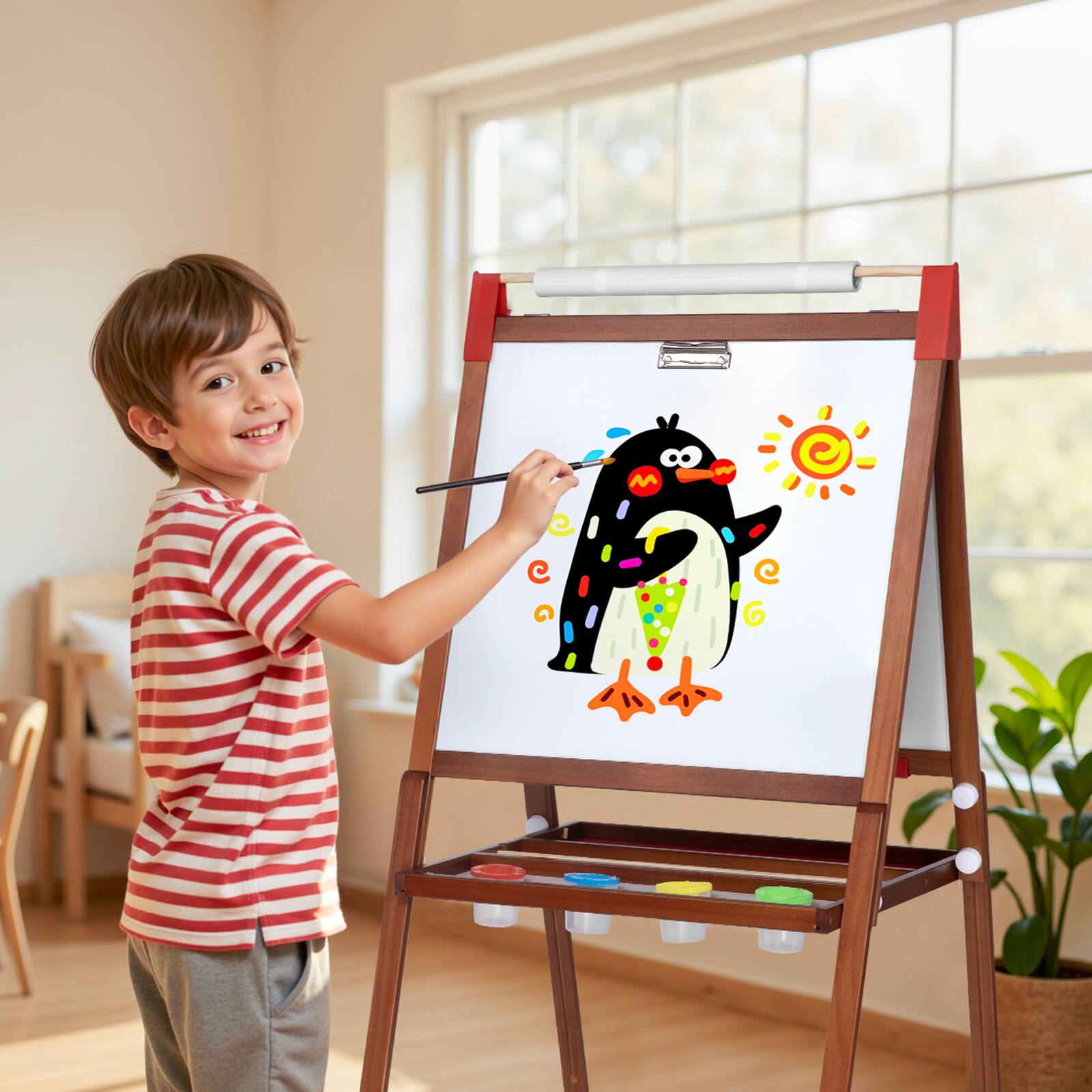 Alt View 7. Sugift - 3-in-1 Wooden Adjustable Kids Easel with Magnetic Board, Paper Roll & Art Supplies - Brown.