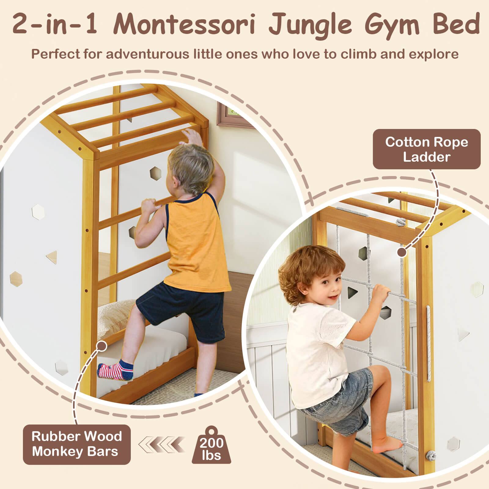 2-in-1 Montessori Jungle Gym Bed  
Perfect for adventurous little ones who love to climb and explore  

- Cotton Rope Ladder  
- Rubber Wood Monkey Bars  
- 200 lbs