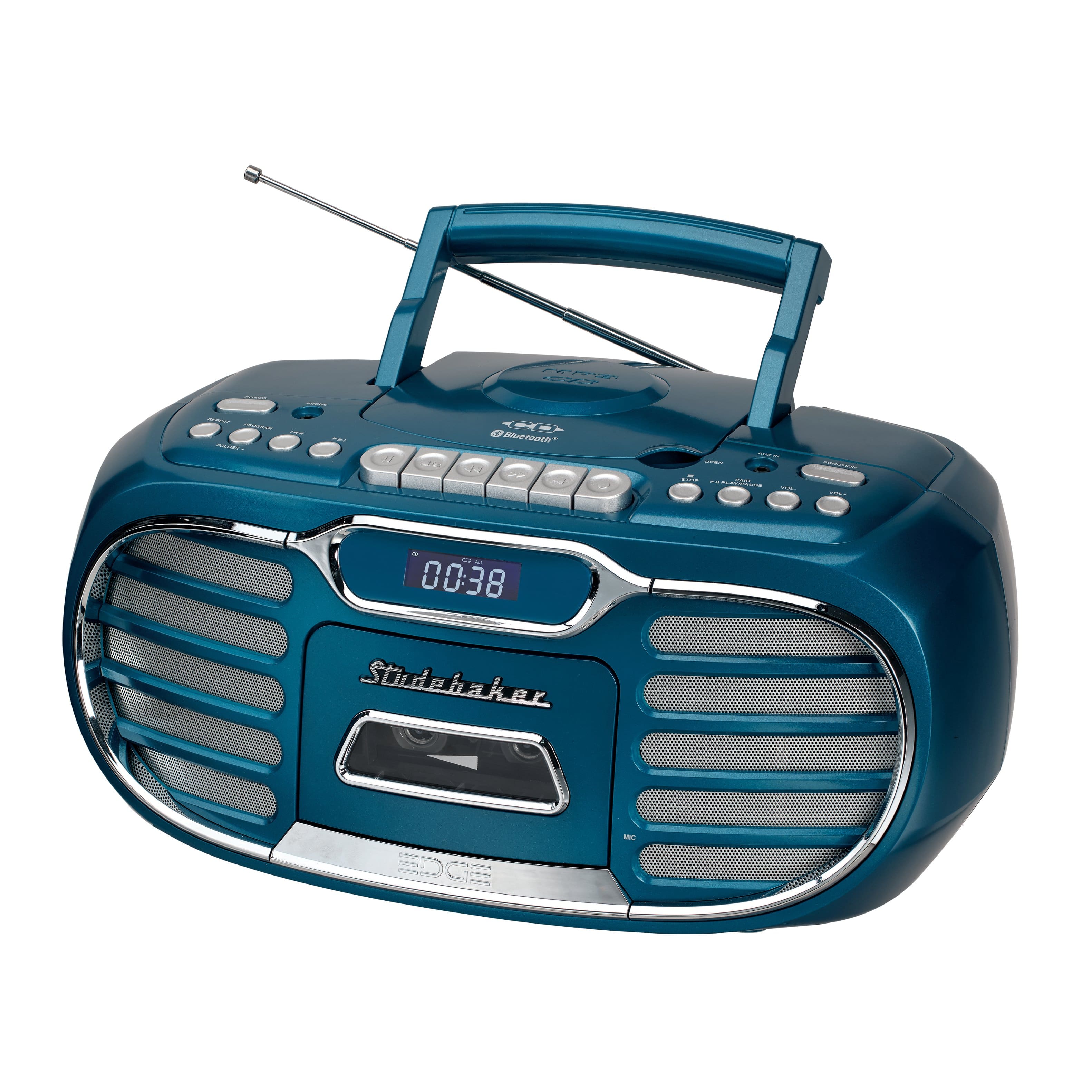 Studebaker - SB2150 Retro Bluetooth Boombox with CD/Cassette Player-Recorder and AM-FM Radio - Blue - Front_Zoom