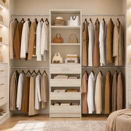 Aheaplus - 4-9FT Adjustable Wooden Closet Organizer, 4 Drawers & 4 Hanging Rods, Heavy Duty Walk-in Wardrobe System - White Oak