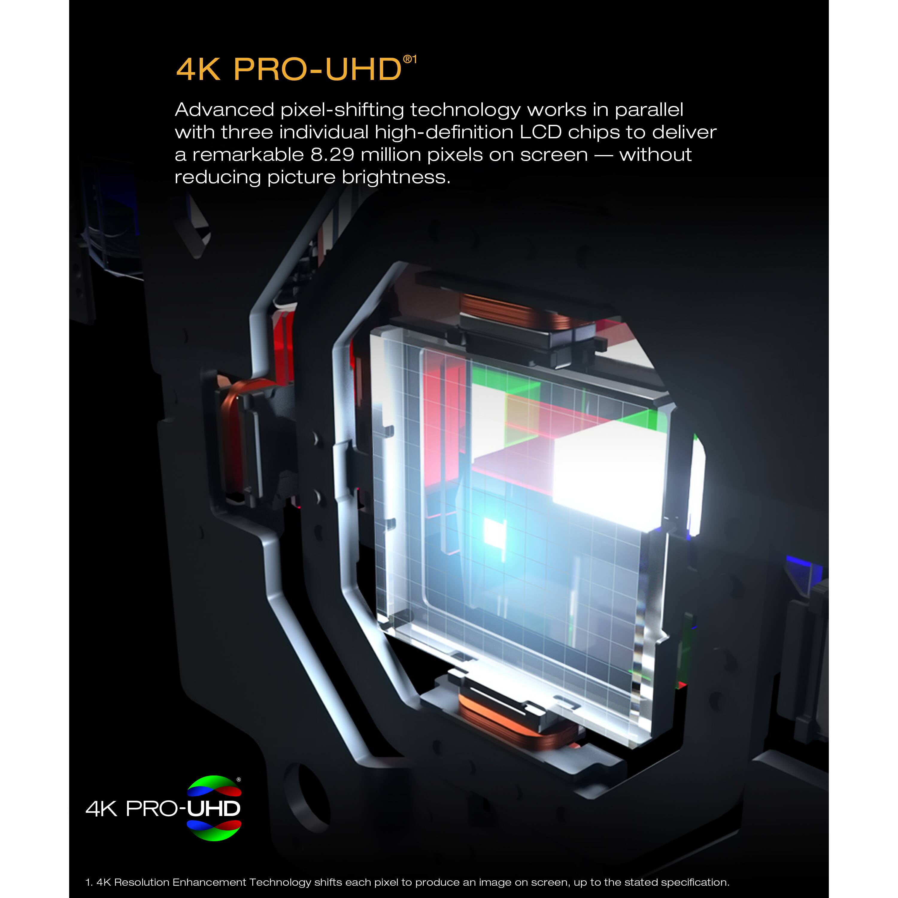 4K PRO-UHD

Advanced pixel-shifting technology works in parallel with three individual high-definition LCD chips to deliver a remarkable 8.29 million pixels on screen — without reducing picture brightness.

4K PRO-UHD

1. 4K Resolution Enhancement Technology shifts each pixel to produce an image on screen, up to the stated specification.