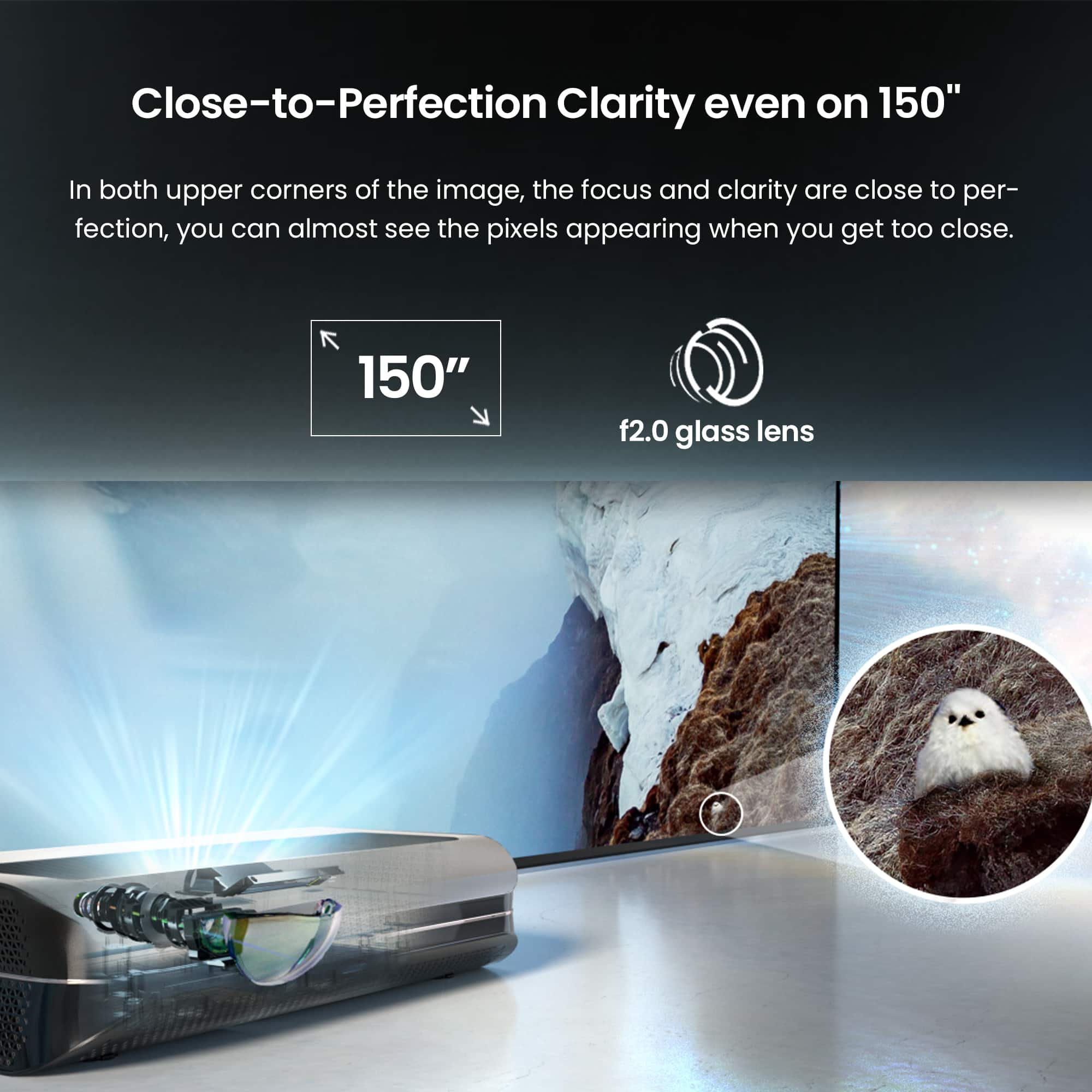 Close-to-Perfection Clarity even on 150" In both upper corners of the image, the focus and clarity are close to perfection, you can almost see the pixels appearing when you get too close. 150" f2.0 glass lens.