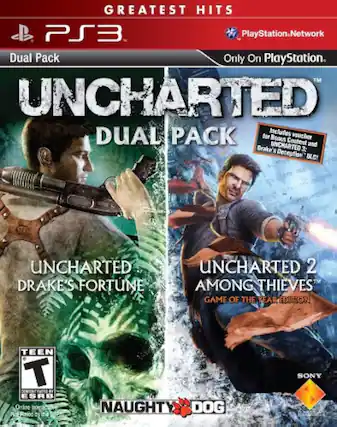 GREATEST HITS
PS3
Dual Pack
Only On PlayStation.
PlayStation.Network
UNCHARTED DUAL PACK
Includes voucher for Bonus Content!
UNCHARTED DRAKE'S FORTUNE
UNCHARTED 2 AMONG THIEVES
GAME OF THE YEAR EDITION
TEEN T
ESRB
Online Interactions Not Rated by the ESRB
NAUGHTY DOG
SONY - T (Teen 13+)