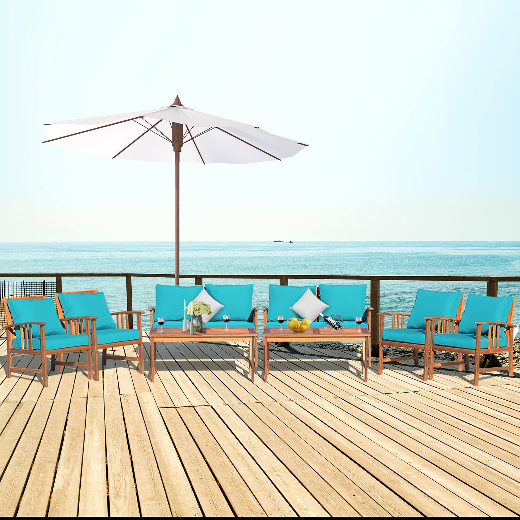 Alt View 1. Costway - Costway 8PCS Wooden Patio Furniture Set Table Sofa Chair Cushioned Garden - Teak,Turquoise.