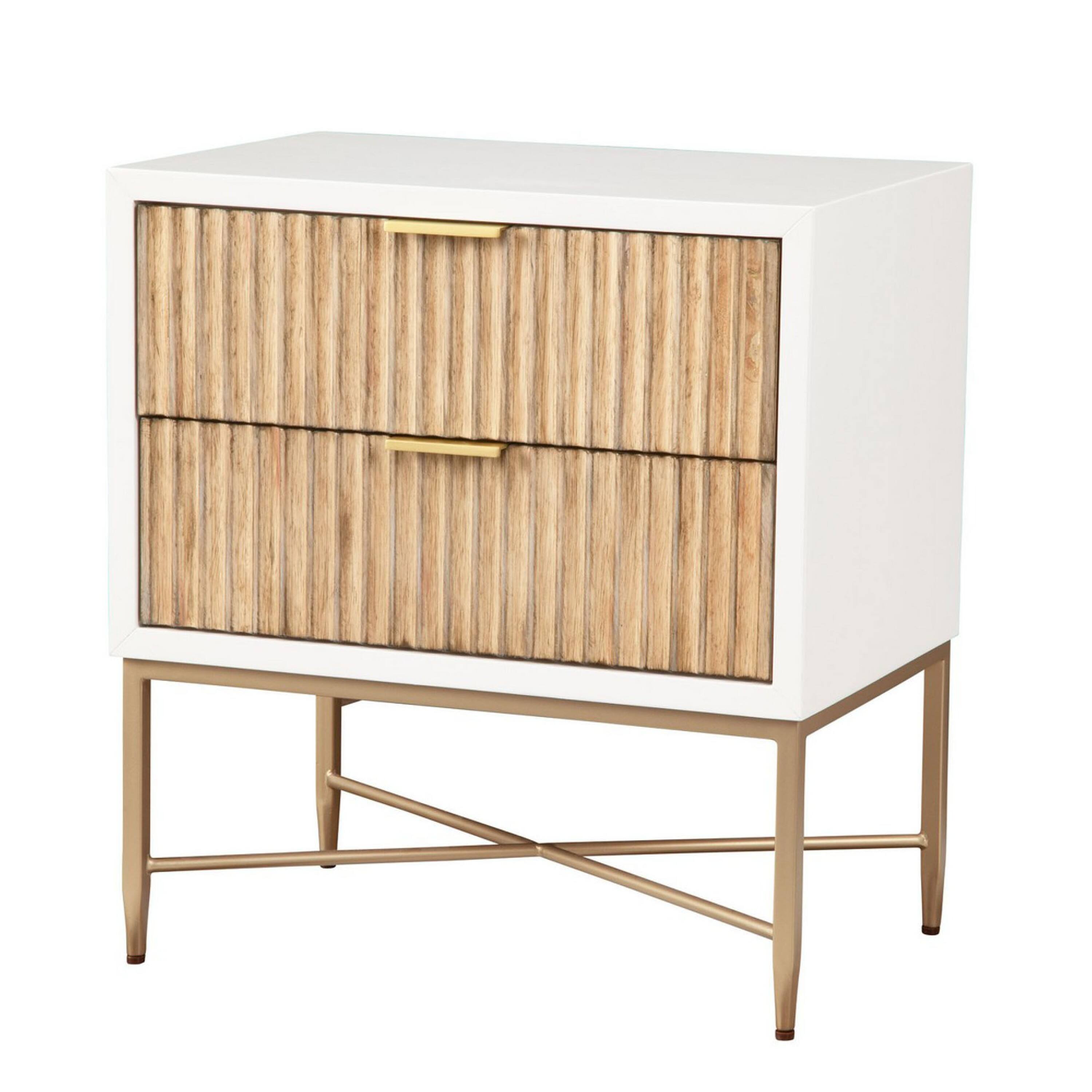 Back. Manhattan Lane - Eli 26 Inch 2 Drawer Nightstand, Corrugated Panels,  Metal Frame, - White, Brown, Gold.