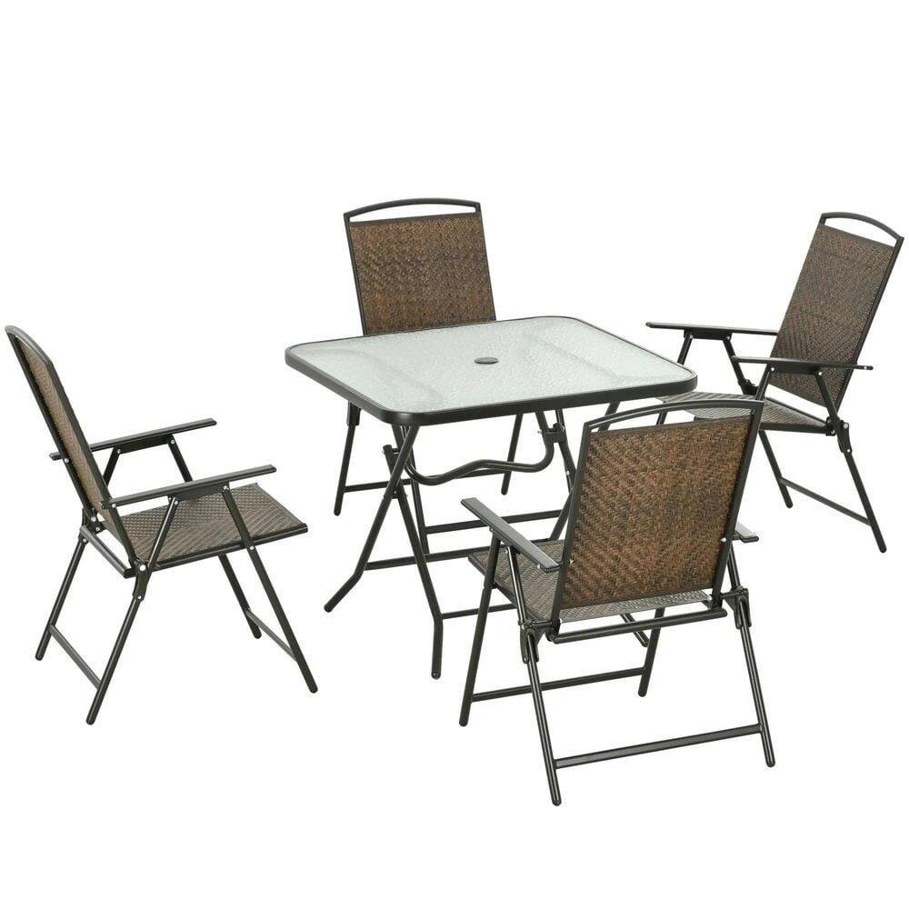Angle. Resenkos - Resenkos 5 Pieces Patio Table and Chairs, Umbrella Hole, PE Rattan, Dark Brown - Dark Brown.