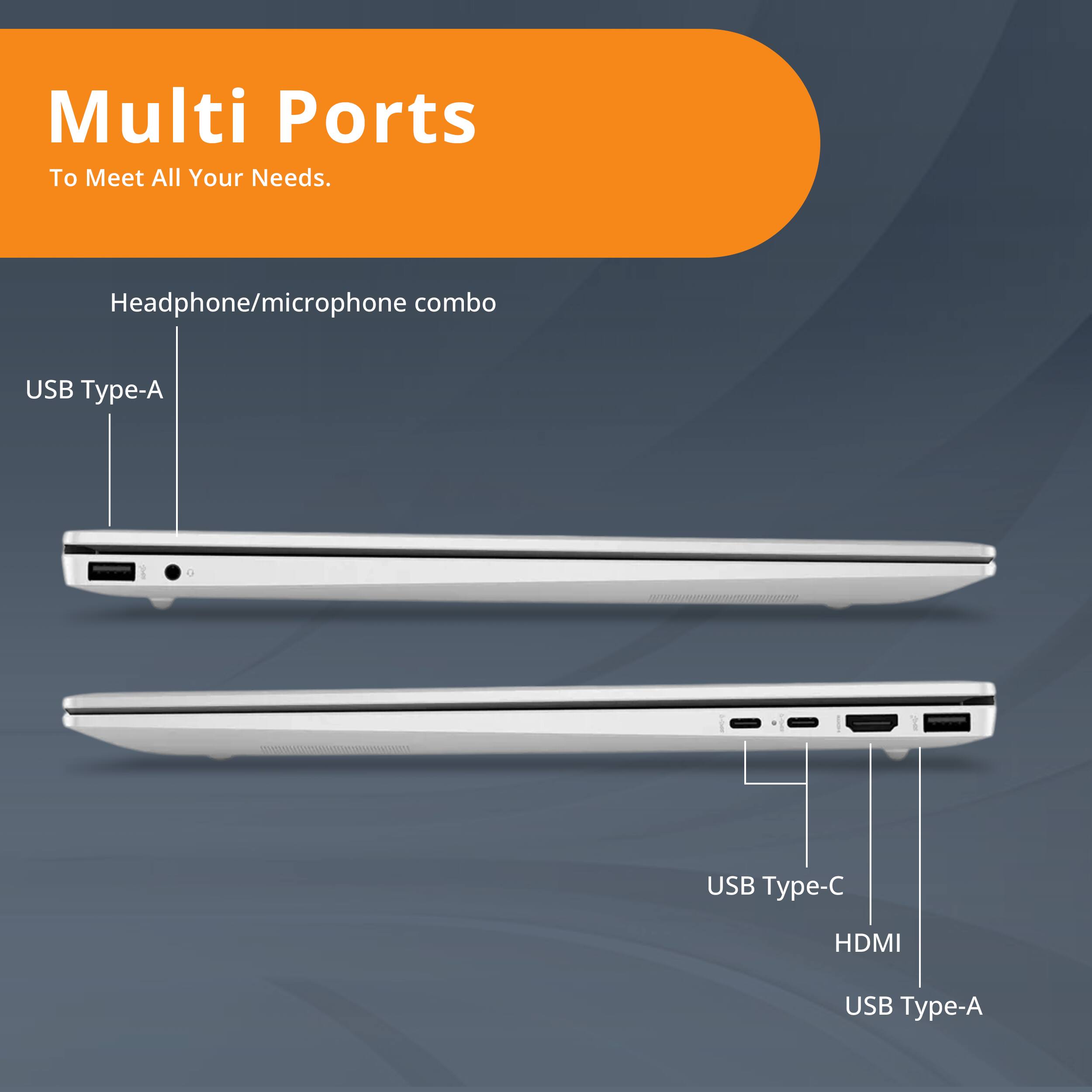 Multi Ports To Meet All Your Needs. Headphone/microphone combo USB Type-A USB Type-C HDMI USB Type-A