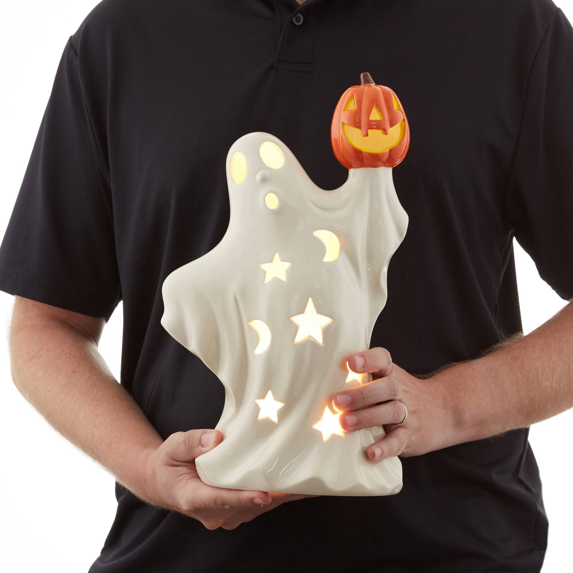 Alt View 3. Casafield - Pre-Lit Ceramic Halloween Hand-Painted Tabletop Indoor Home Decor - White Ghost Pumpkin.